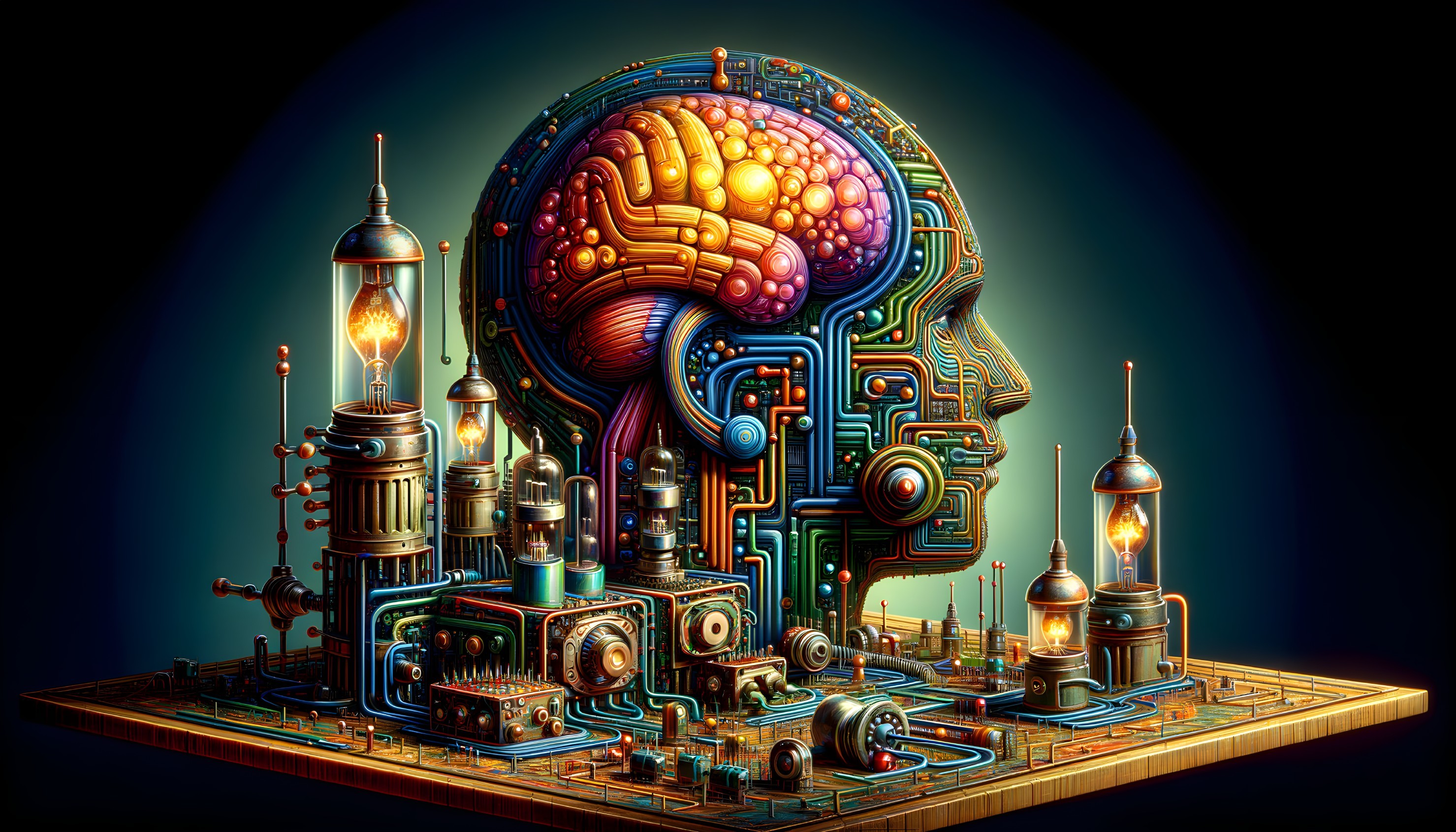 Colorful Stylized Brain with Steampunk Machinery