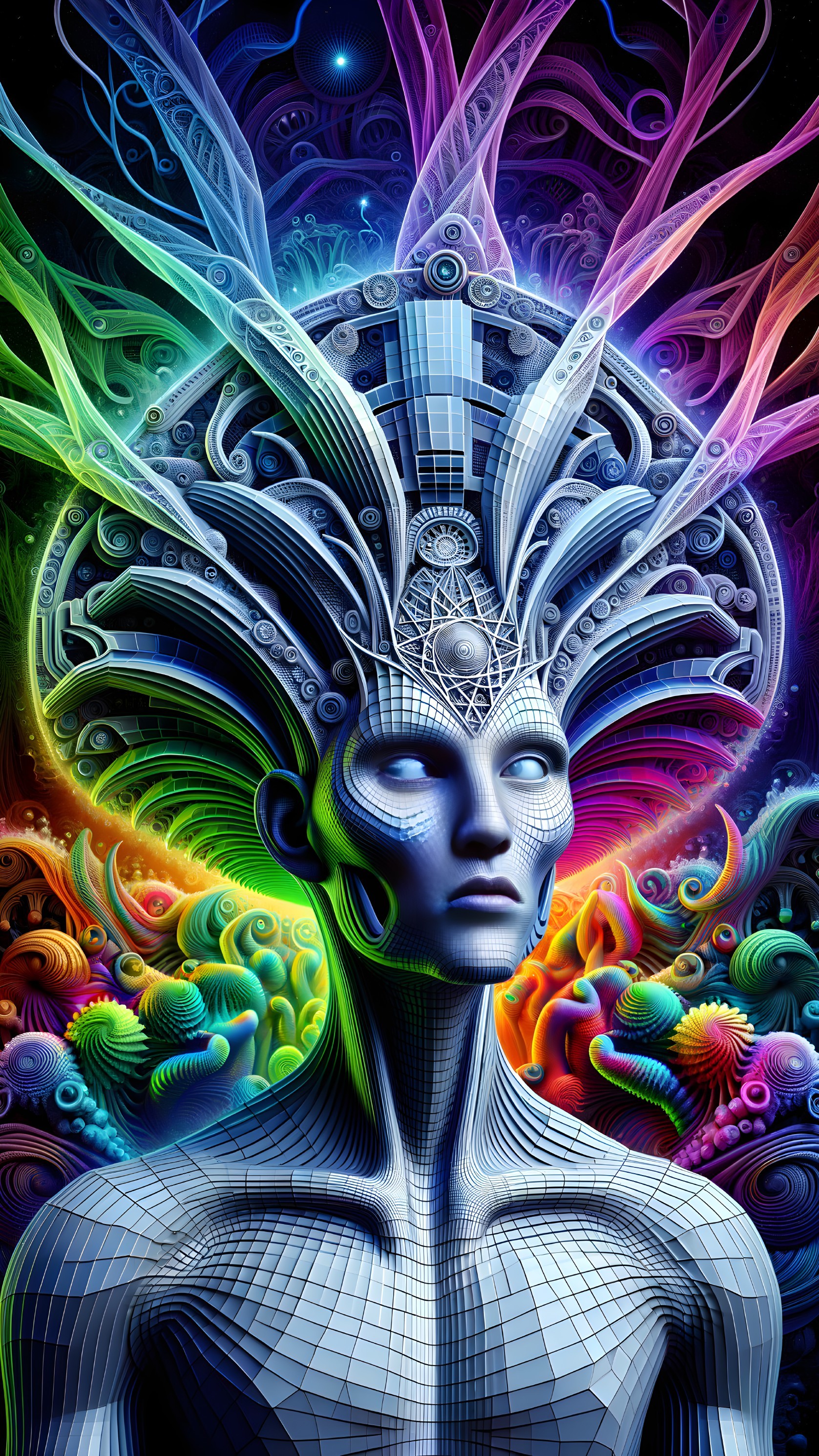 Futuristic humanoid figure with geometric head design