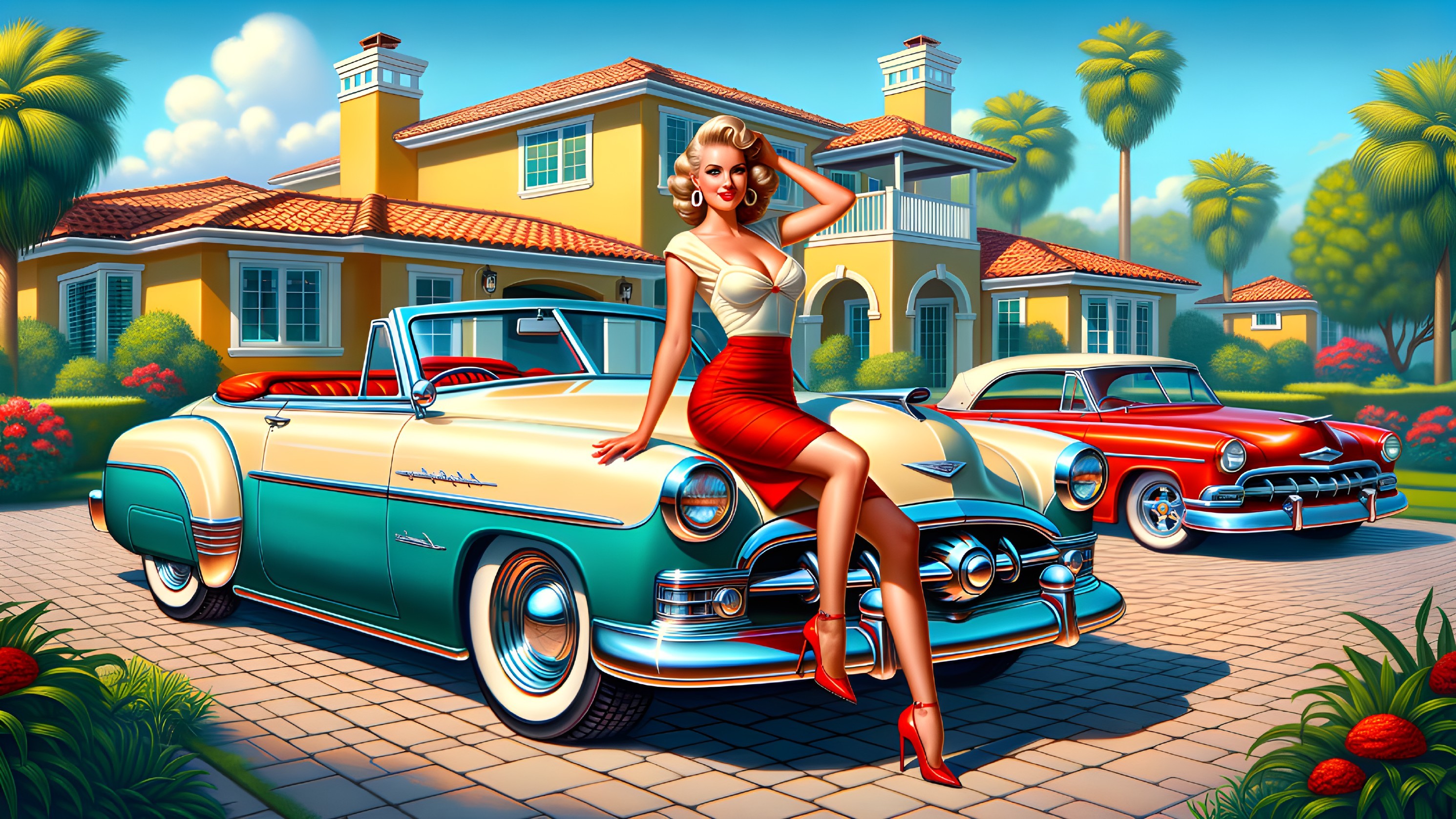 1950s Glamorous Woman by Classic Convertible in Suburbia