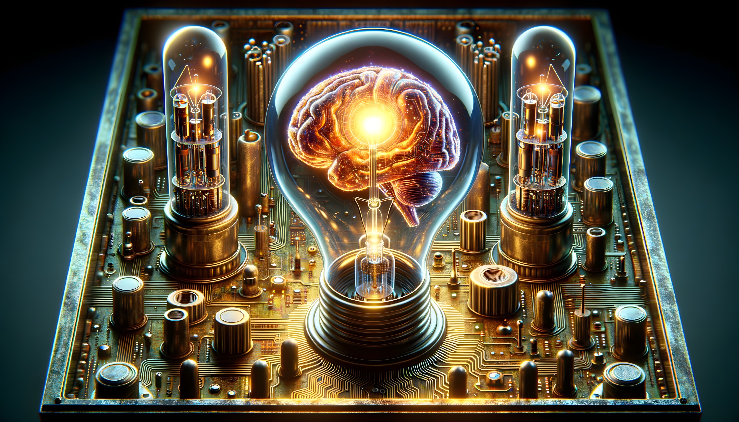 Glowing Brain in Crystal Bulb with Vintage Vacuum Tubes