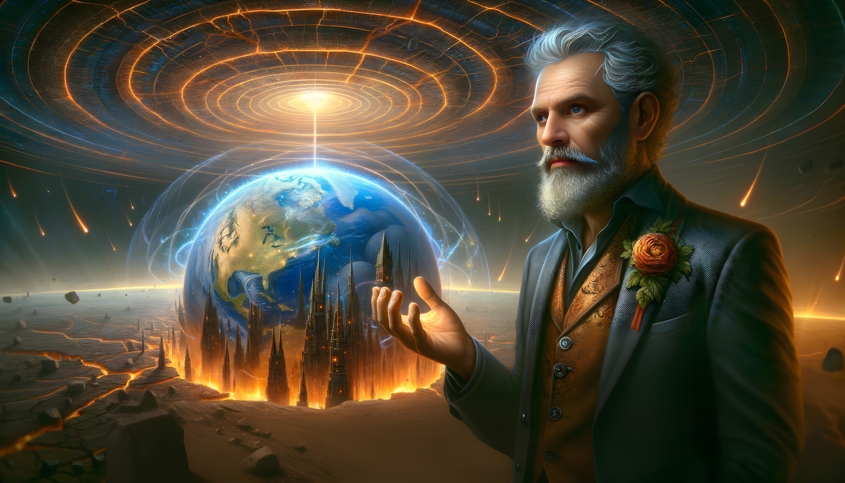 Elderly Man in Contemplation with Luminous Globe
