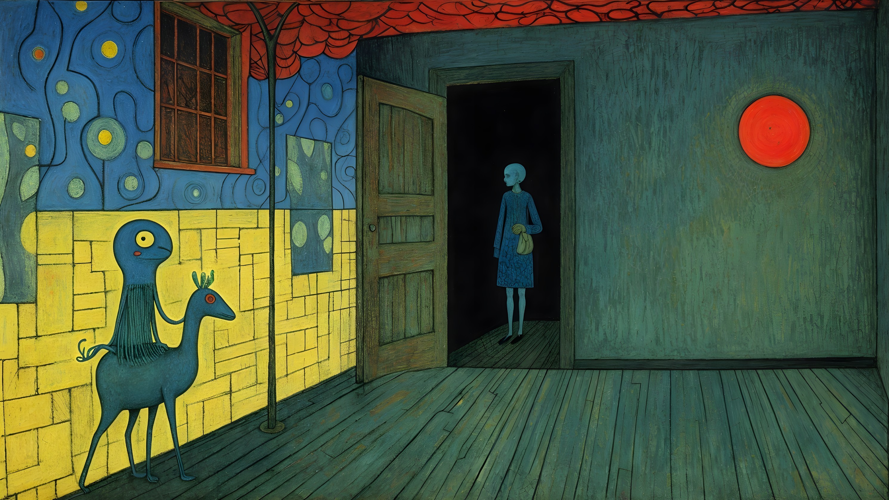 Eerie Room with Blue Figure and Surreal Elements