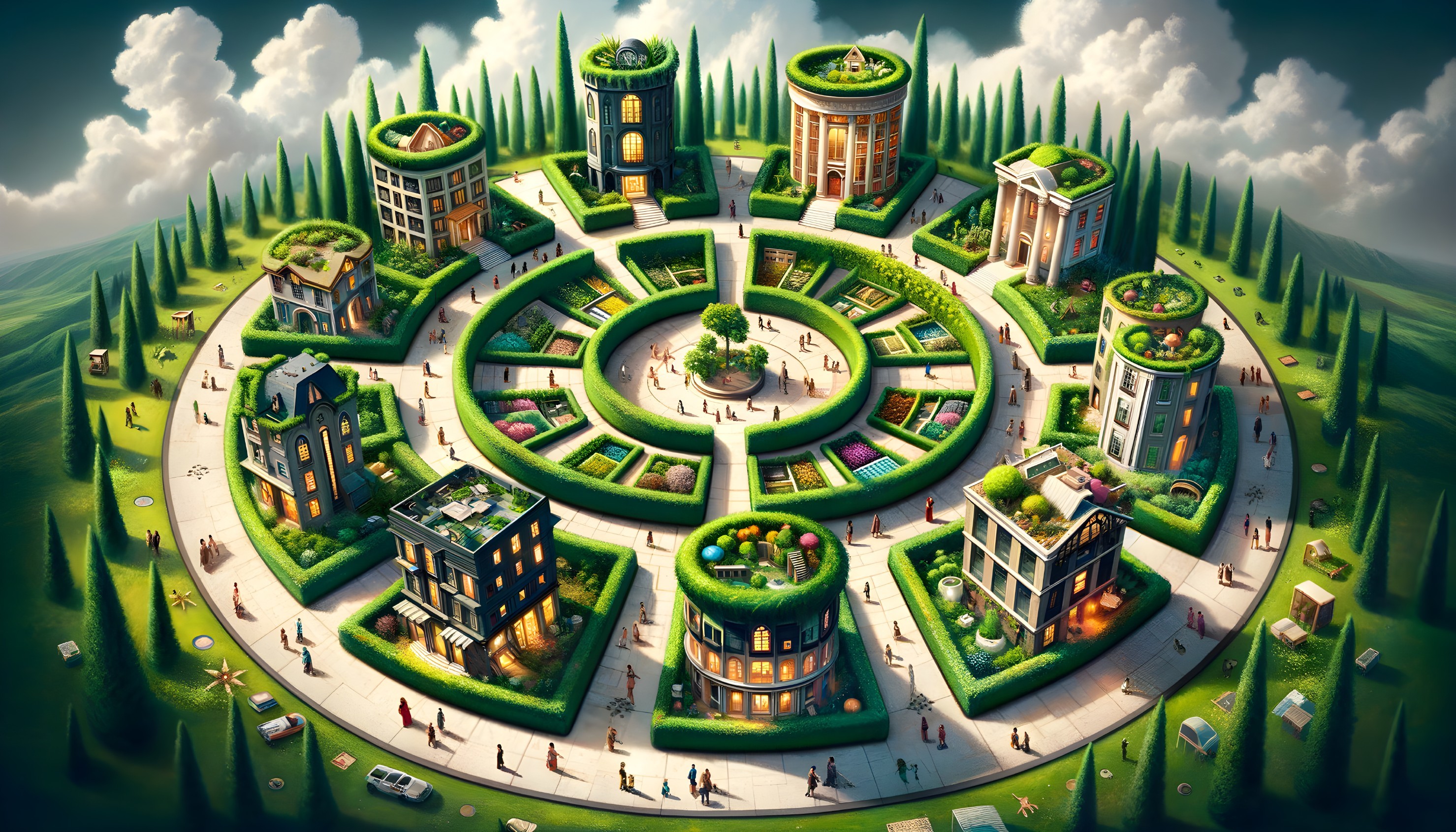 Circular City Layout with Modern Greenery and Gardens