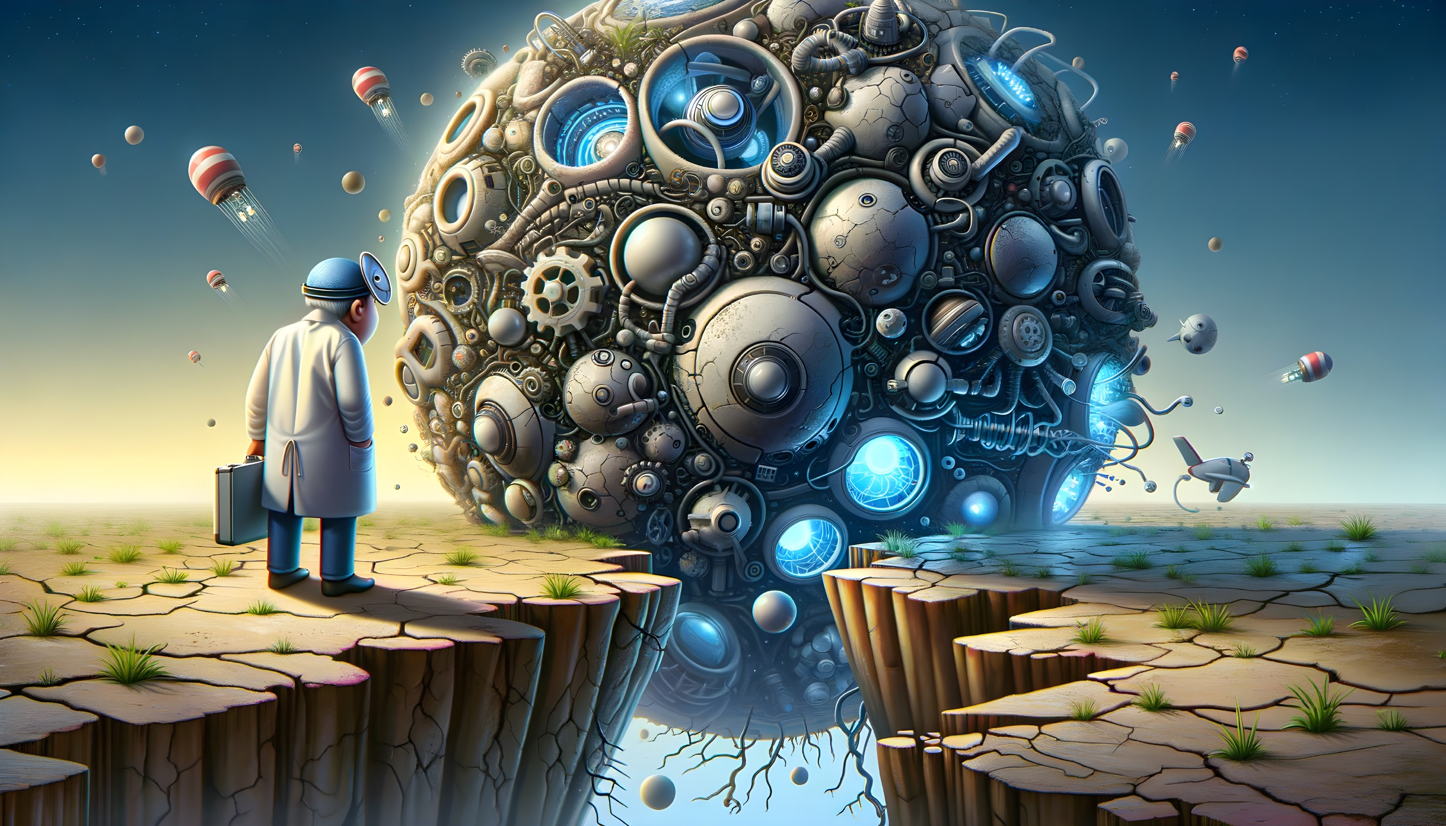 Scientist Observing Advanced Metallic Sphere in Barren Landscape