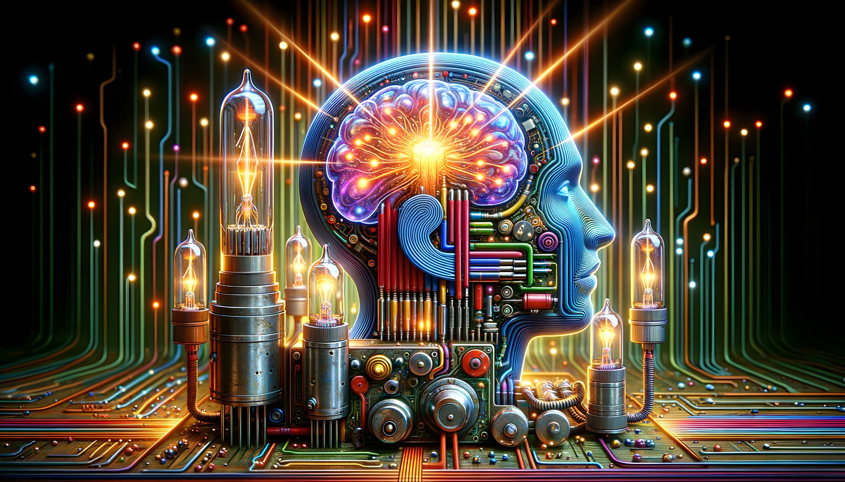 Stylized Human Head with Illuminated Brain and Circuitry