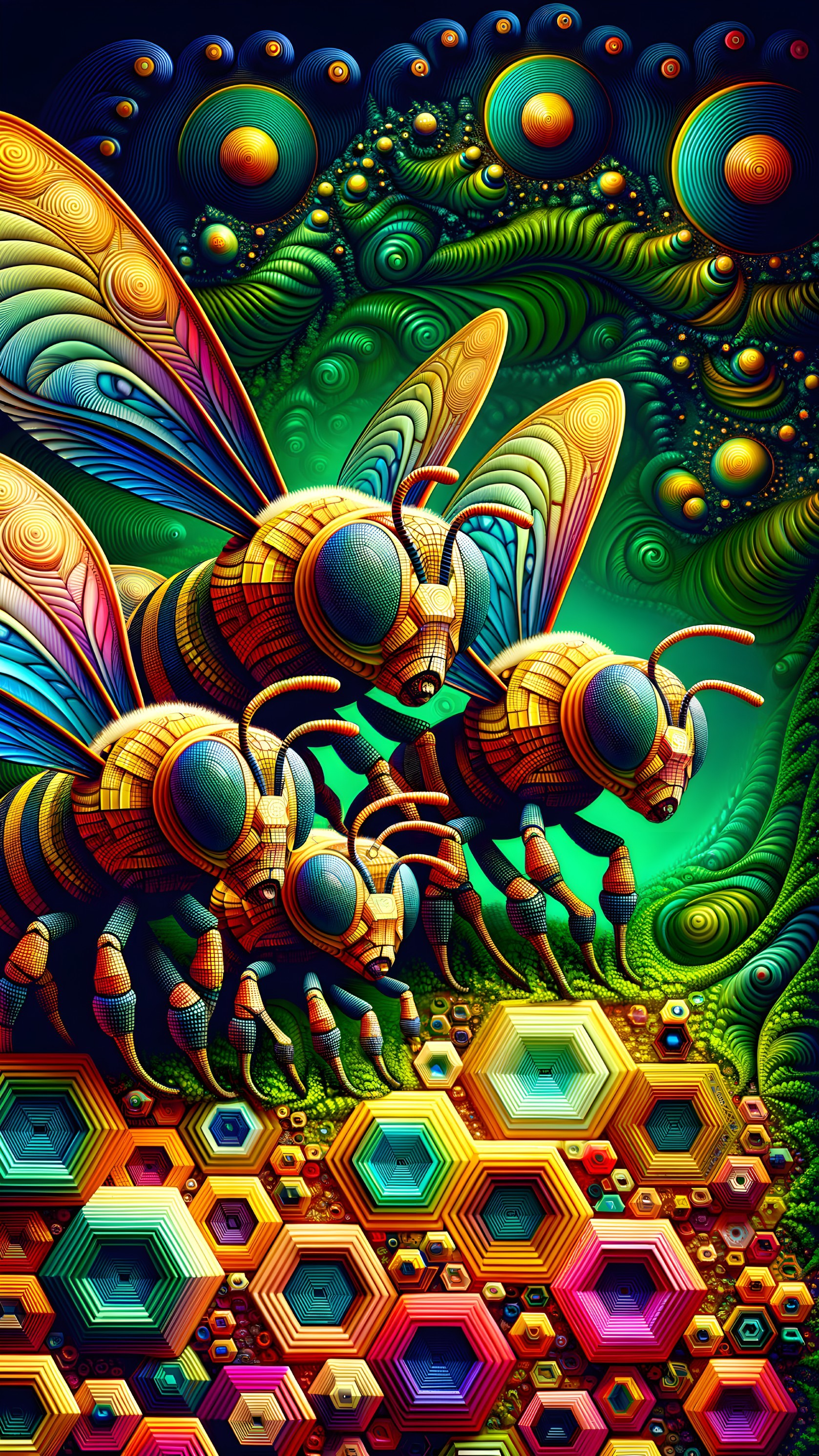 Intricate Bees with Colorful Wings on Green Background