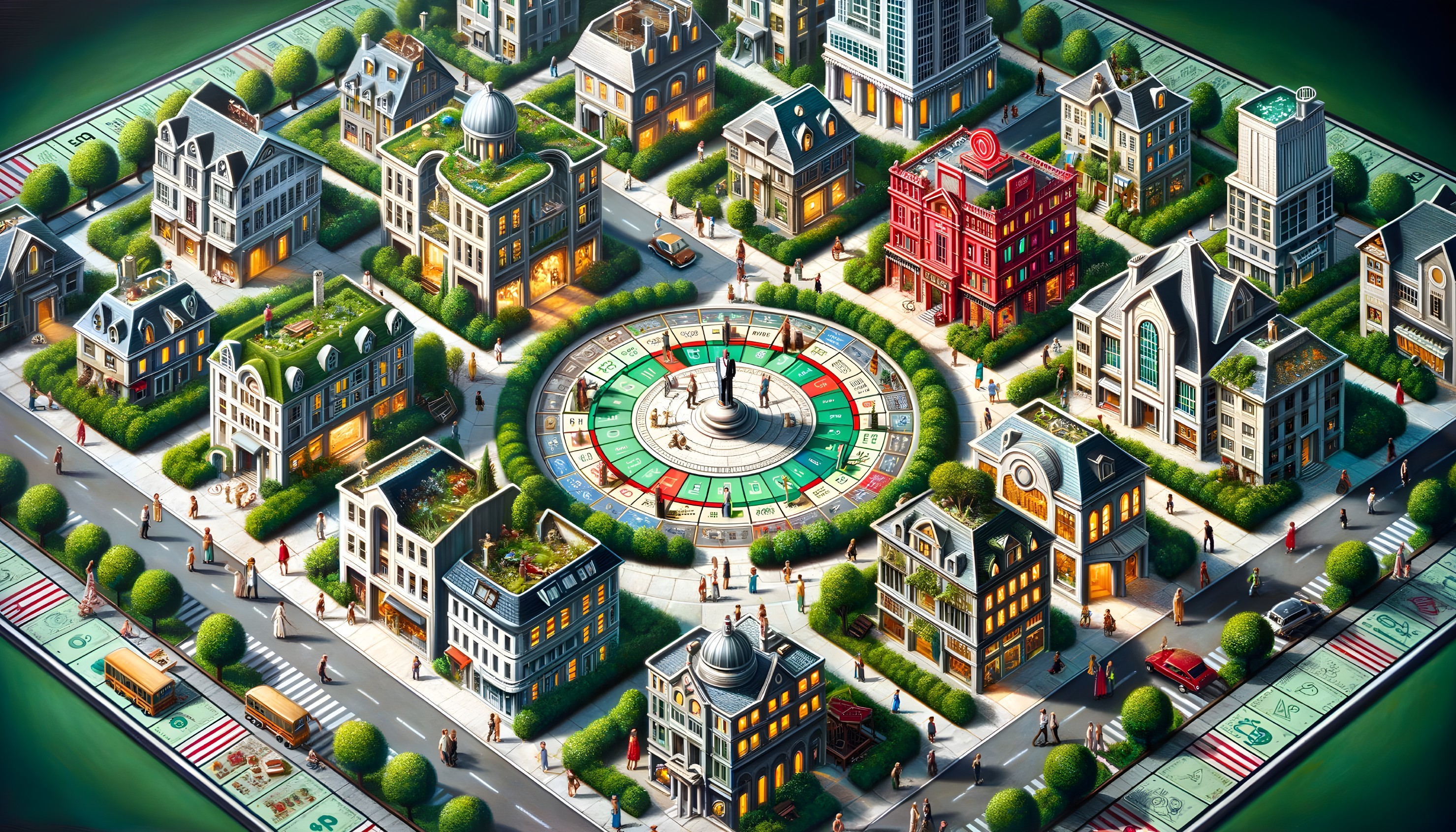 Monopoly-Inspired Cityscape with Lush Greenery