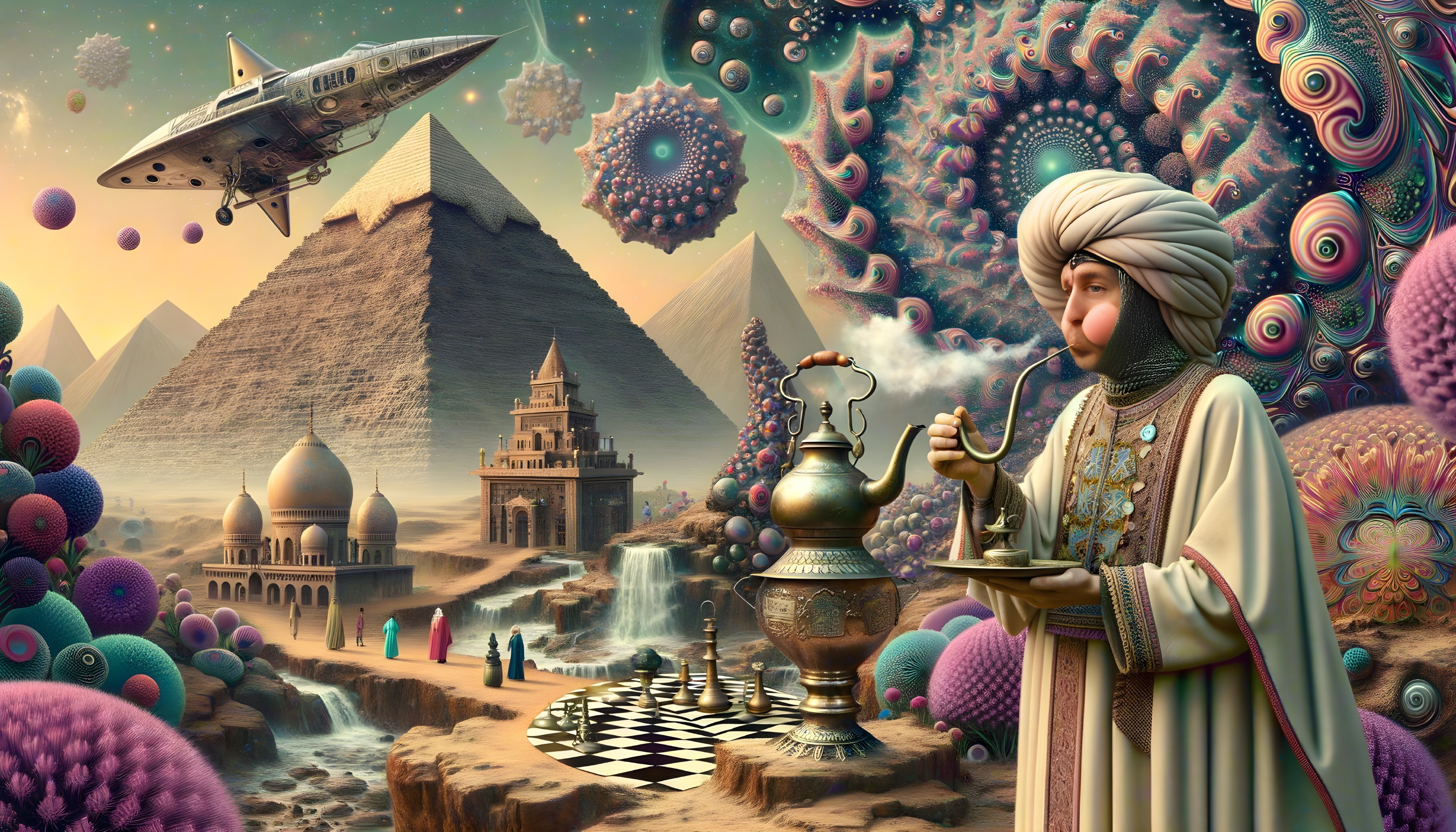 Surreal Landscape with Pyramids and Futuristic Elements