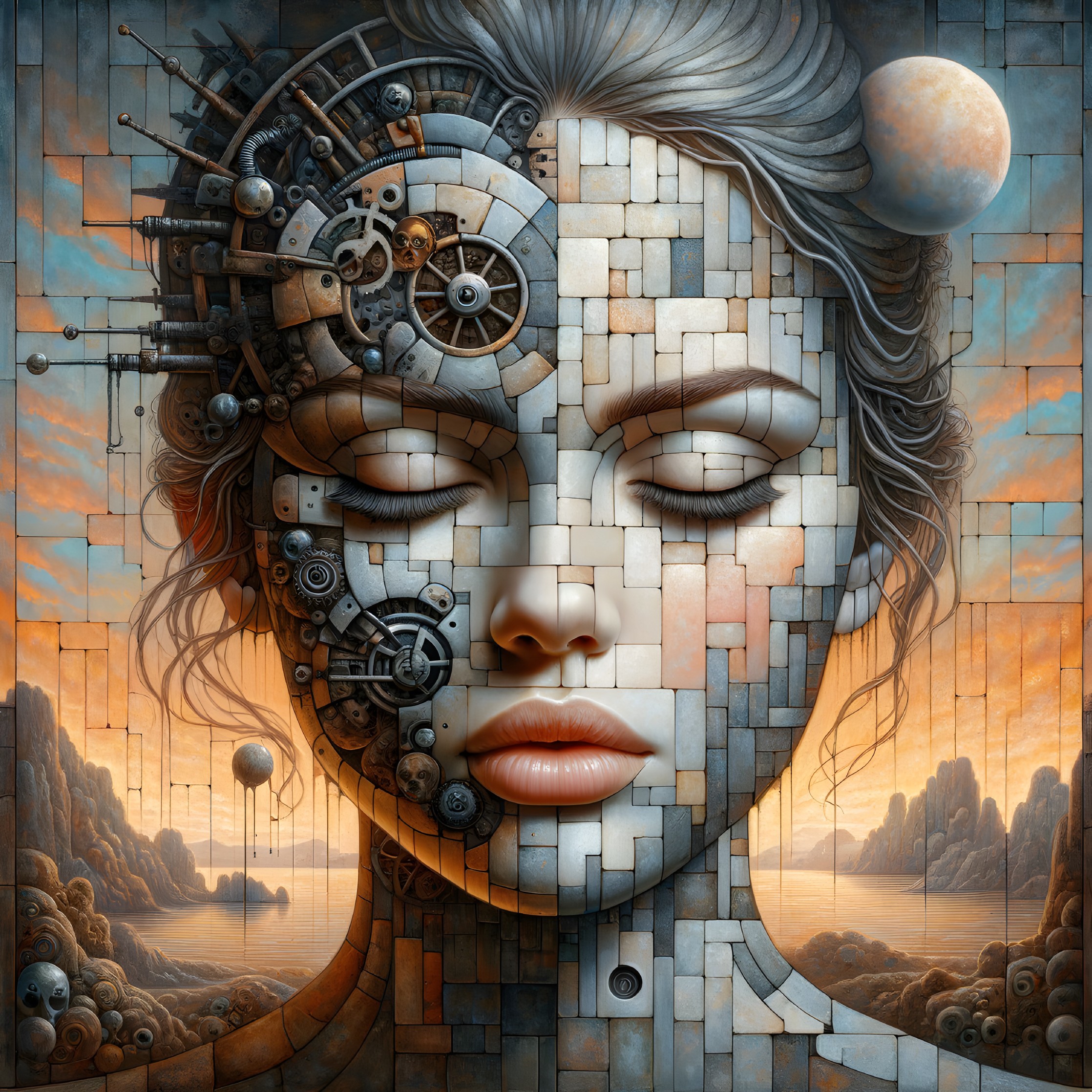 Surreal Portrait of Woman Blending with Gears and Patterns