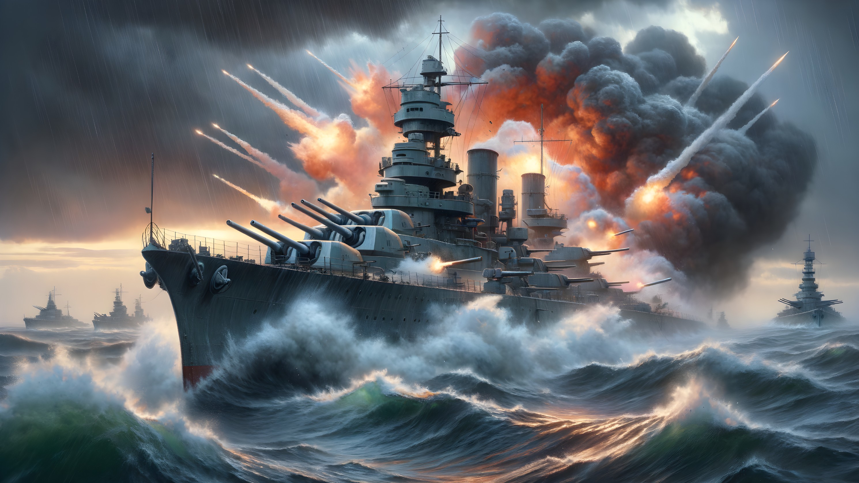 Battleship in Turbulent Seas Amidst Explosions and Smoke