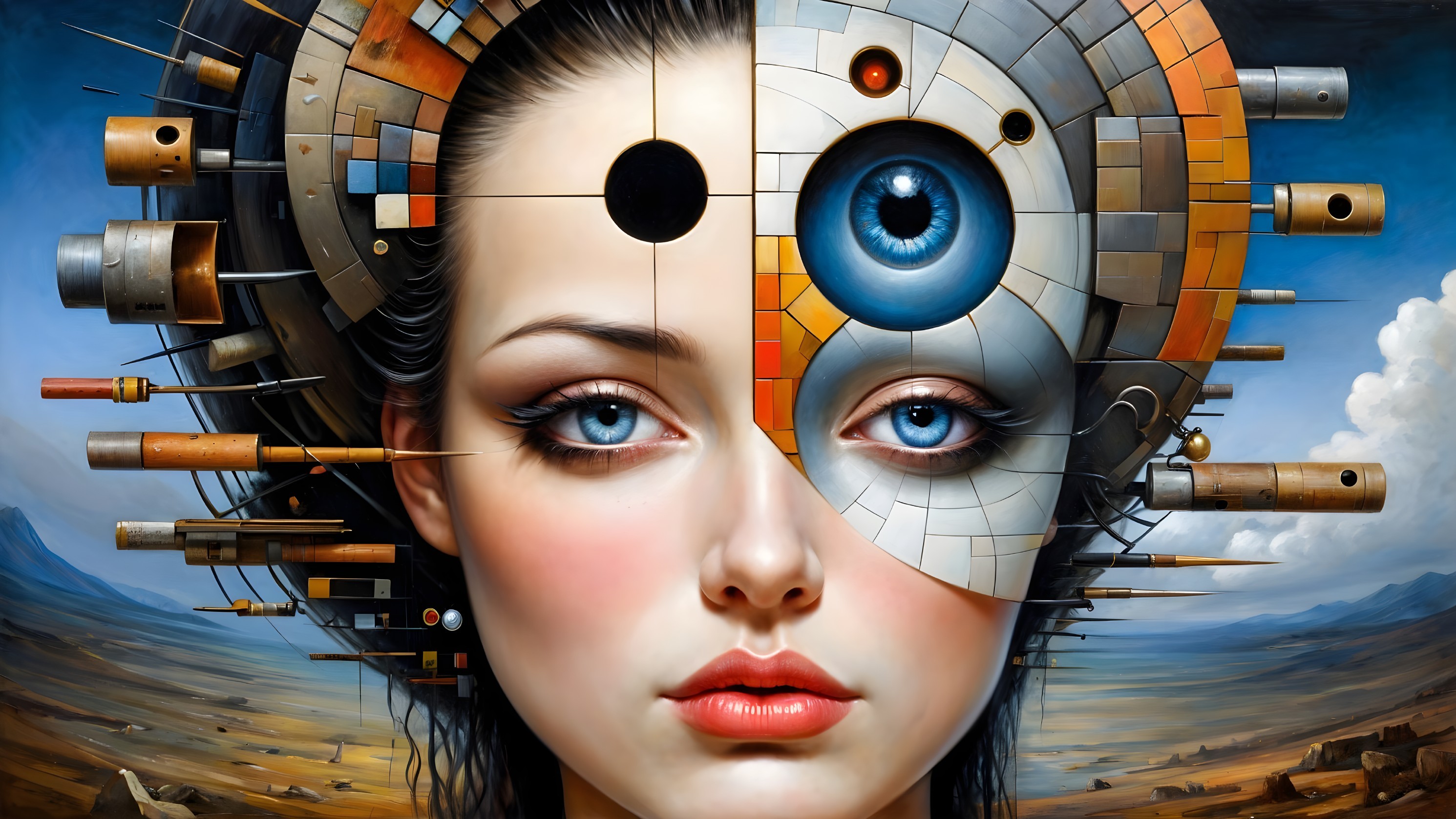 Woman with Blue Eyes in Human and Mechanical Fusion