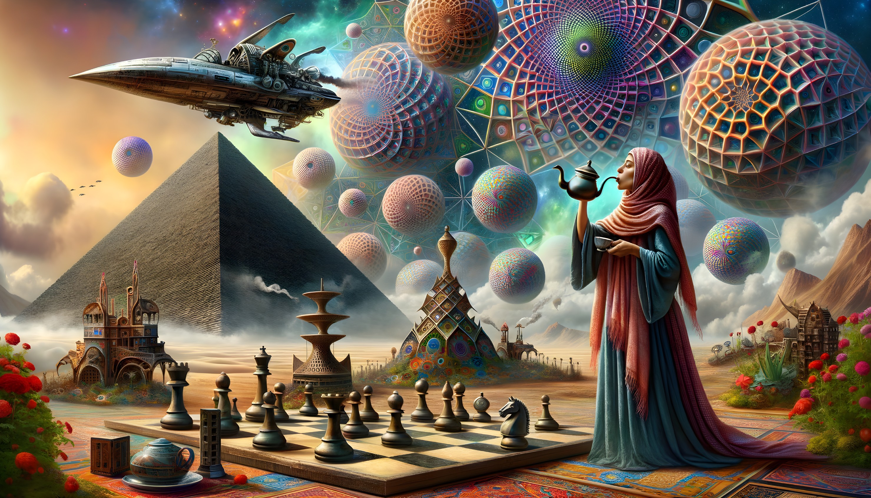 Surreal Landscape with Woman, Chessboard, and Pyramid