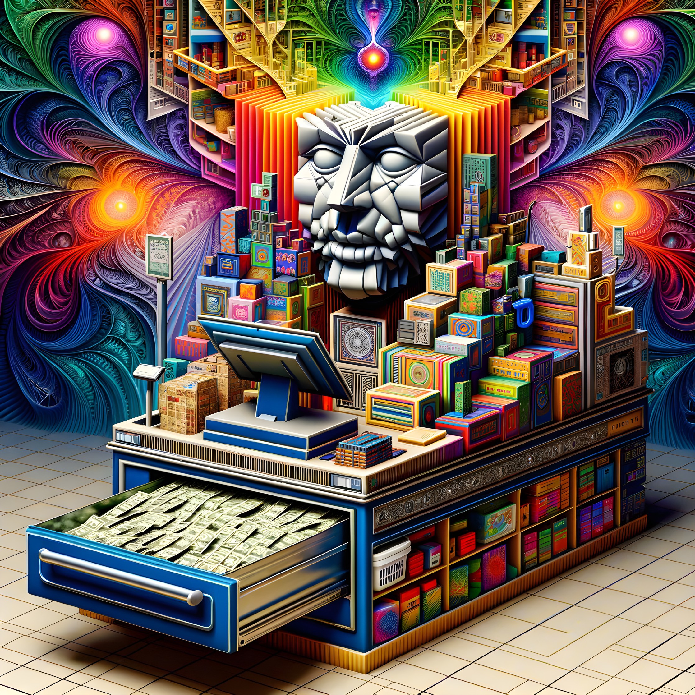 Surreal Cash Register with Abstract Head and Colors