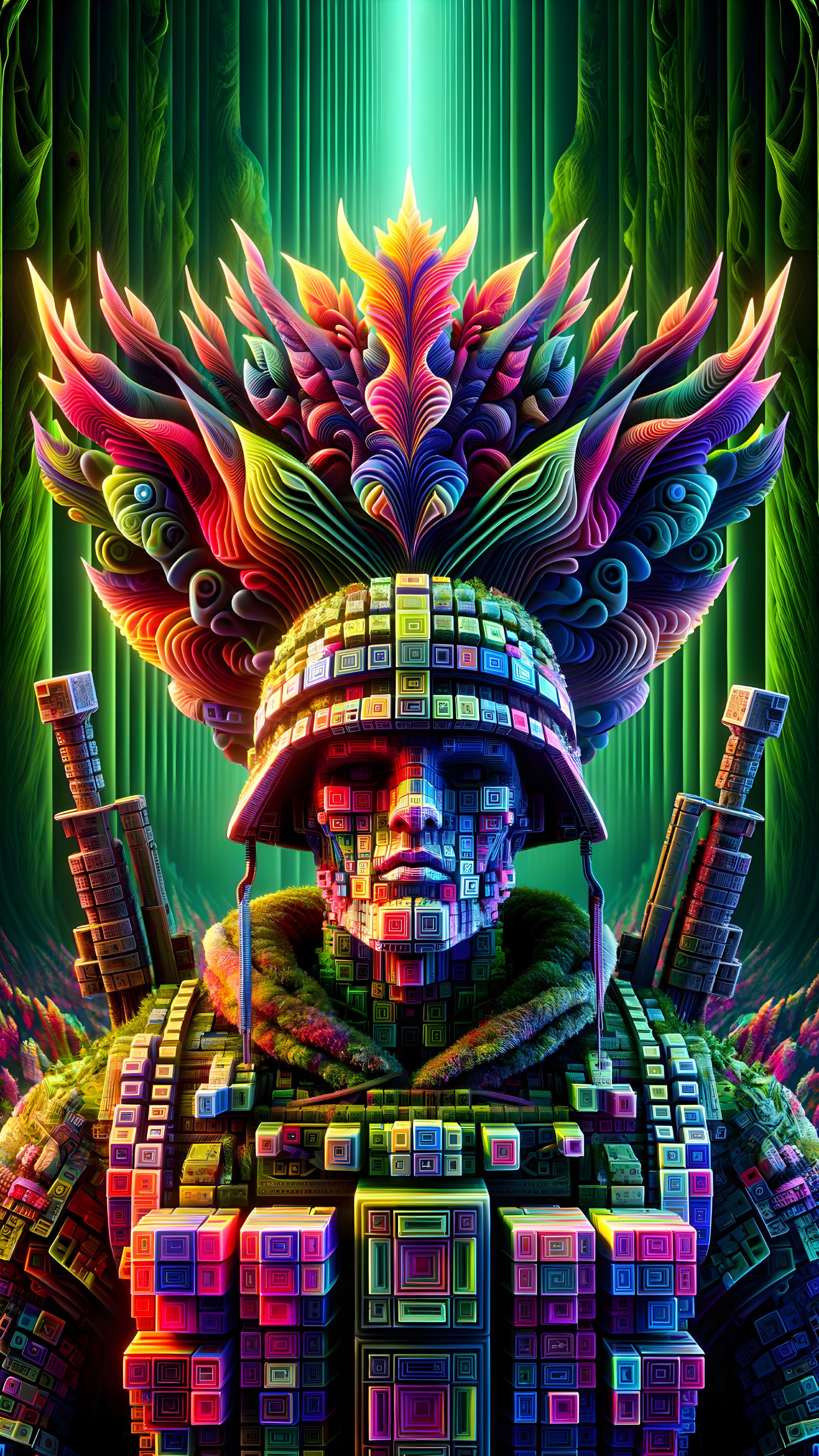 Futuristic soldier in colorful geometric armor and backdrop