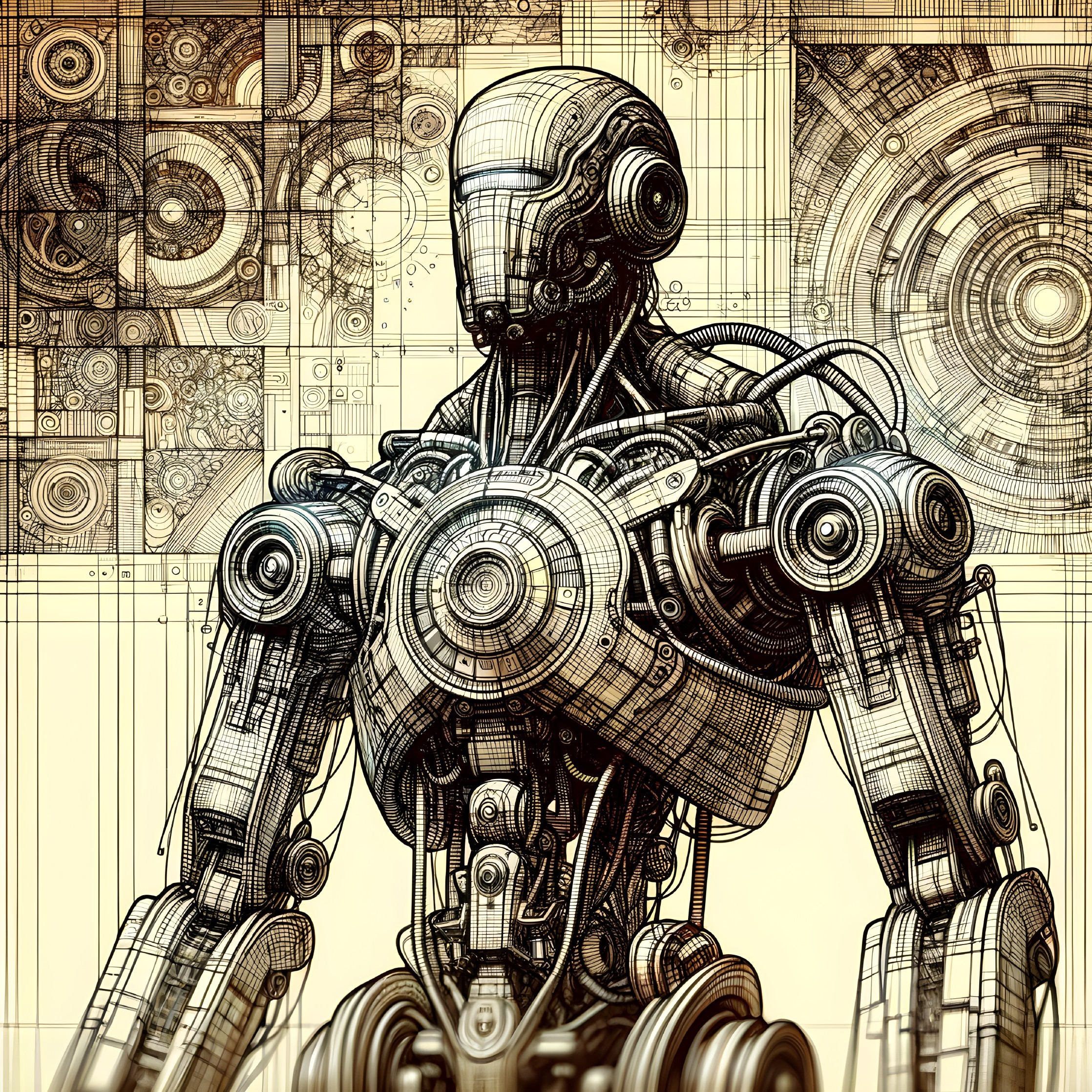 Futuristic Robotic Figure with Steampunk Aesthetic