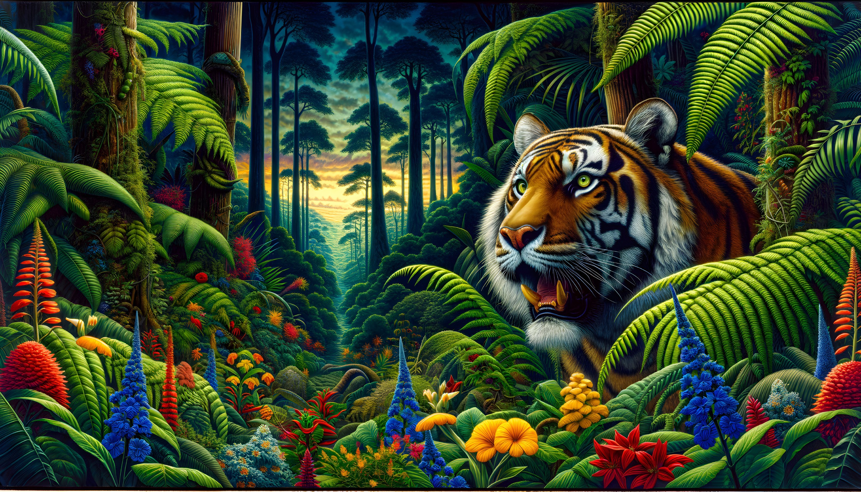 Tiger in Vibrant Rainforest at Sunset