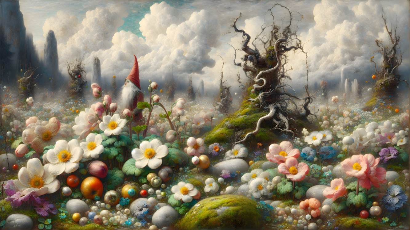 Whimsical Landscape with Flowers and Easter Eggs