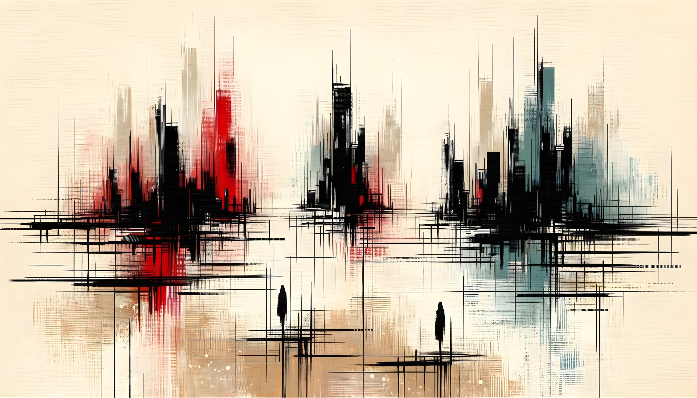 Abstract Cityscape with Skyscrapers and Silhouetted Figures