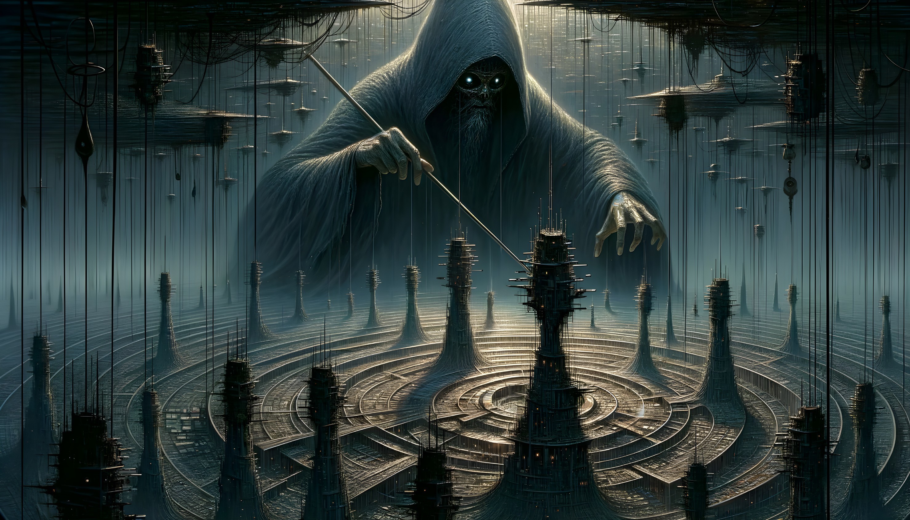Cloaked Figure in Surreal Landscape with Spire Structures