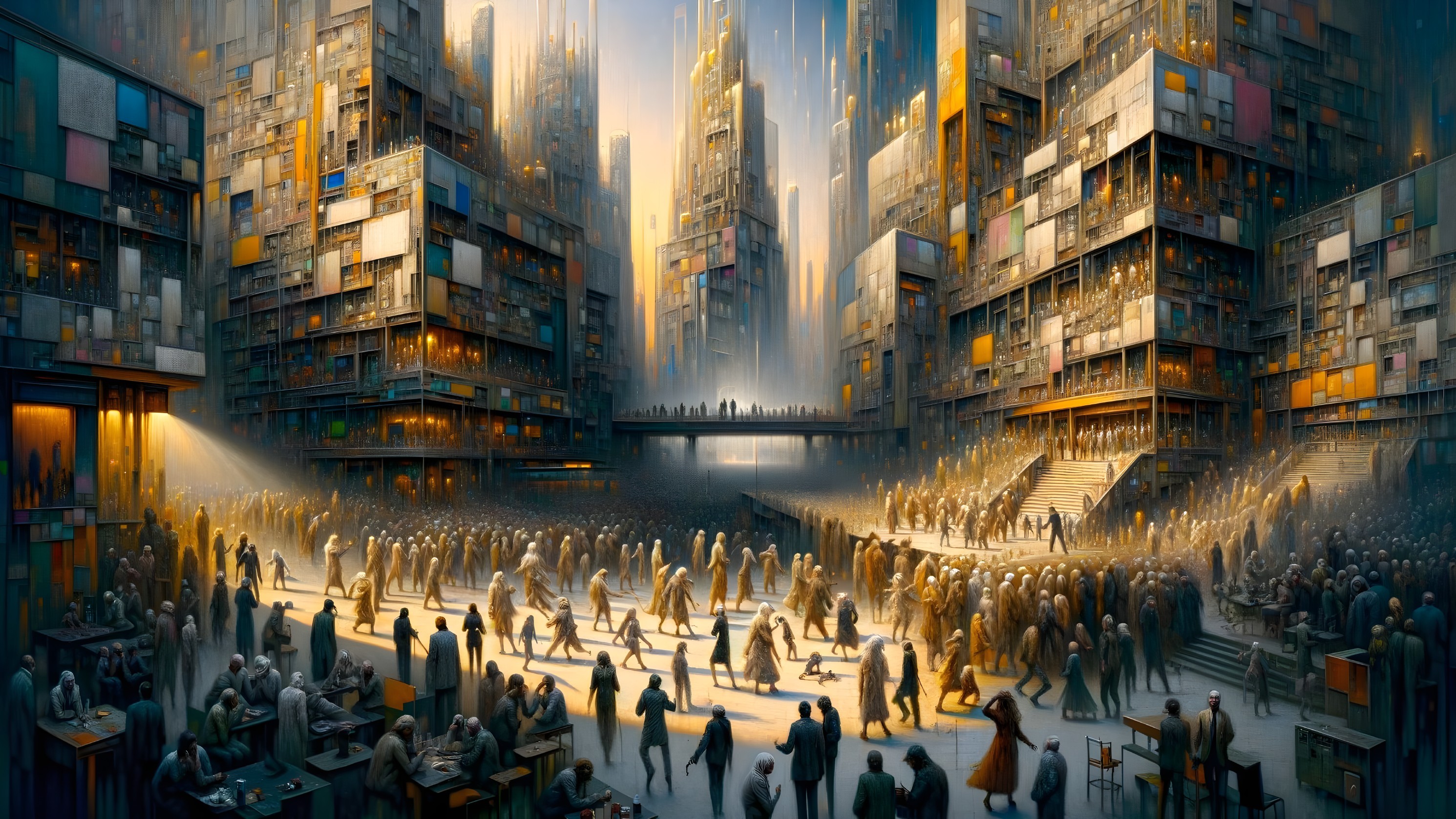 Urban Scene with Diverse Crowd and Futuristic Architecture