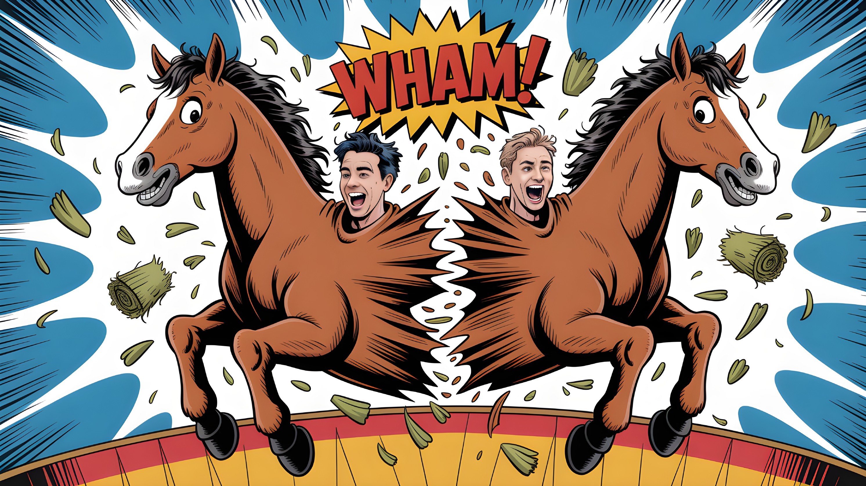 Cartoon Horses with Excited Faces in Colorful Scene