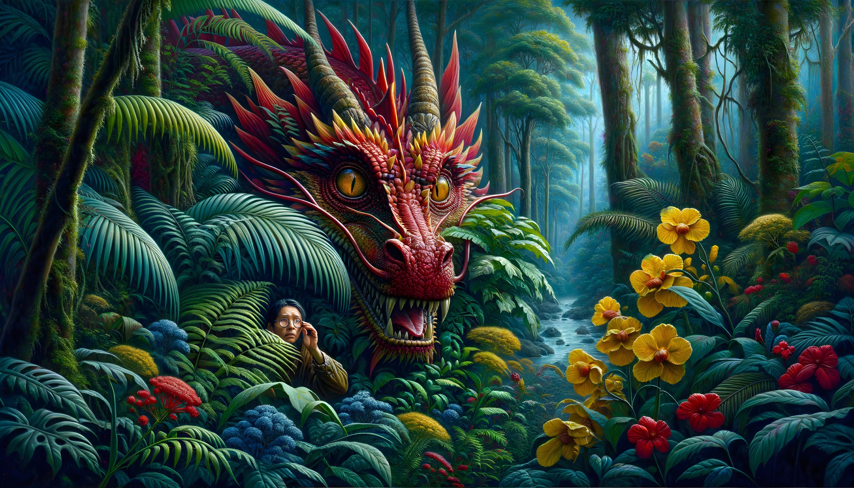 Vibrant Jungle Scene with Dragon and Serene Stream