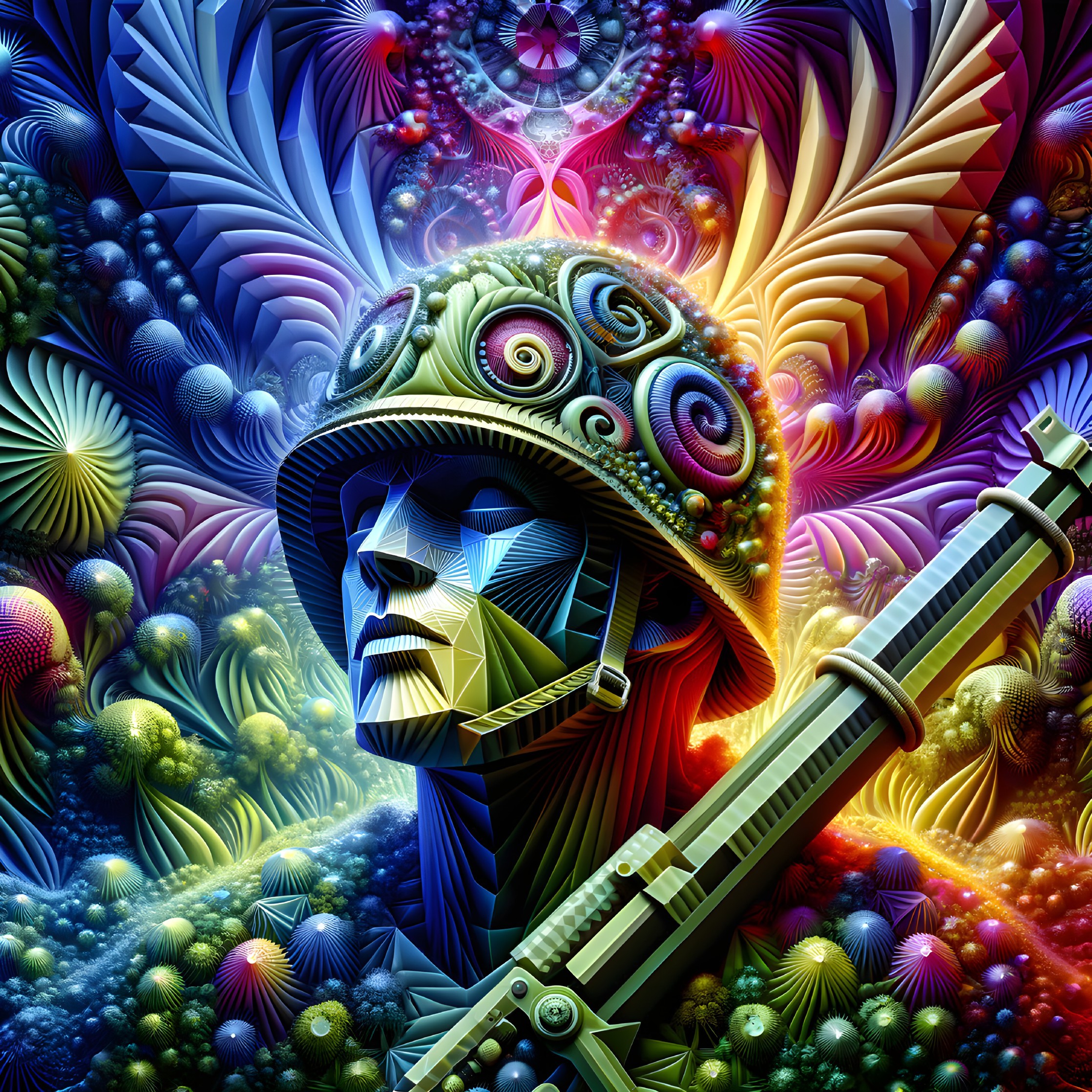Stylized soldier with decorative helmet in vibrant tapestry