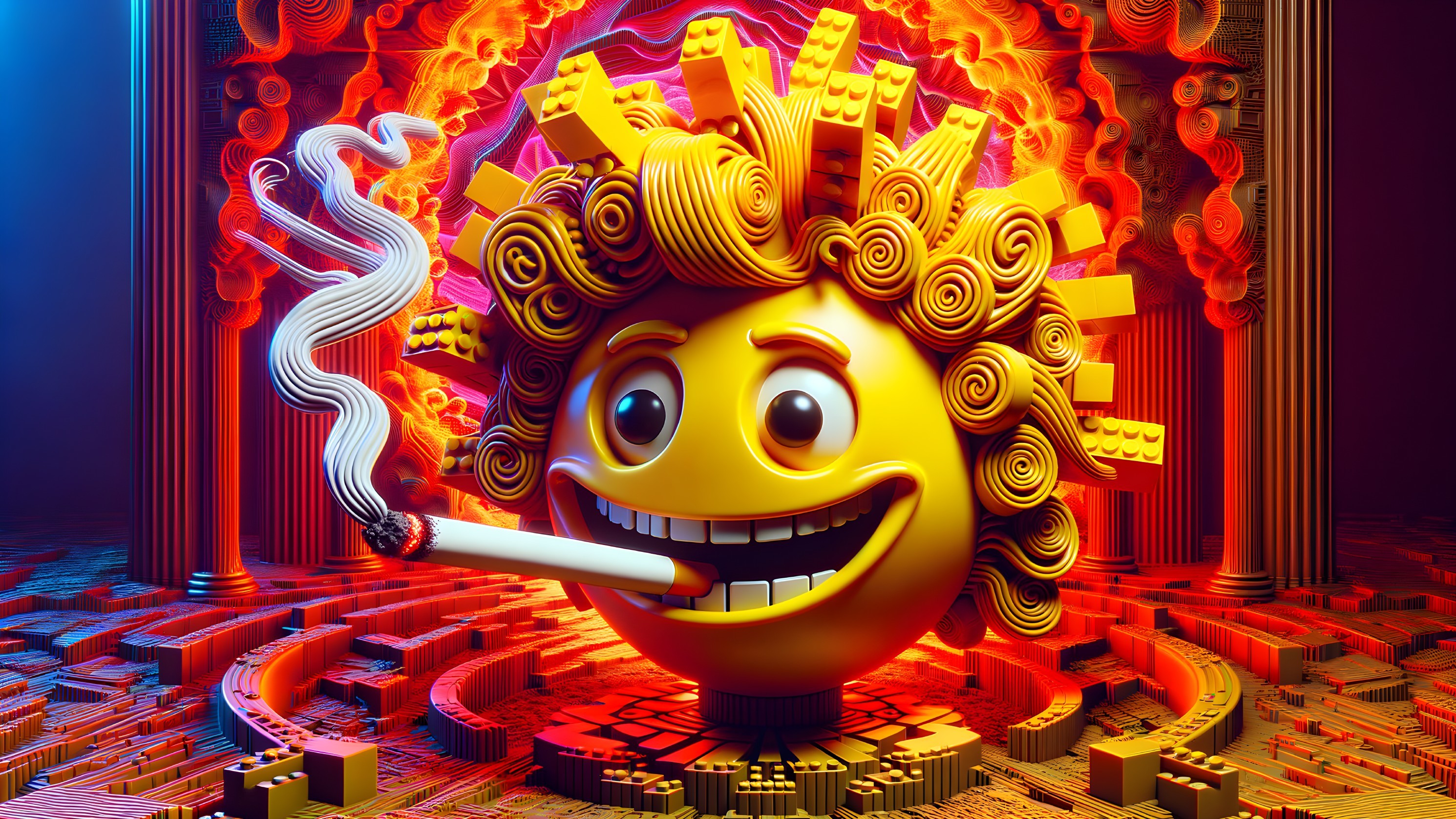 Playful Cartoon Sun in Fiery Surreal Background
