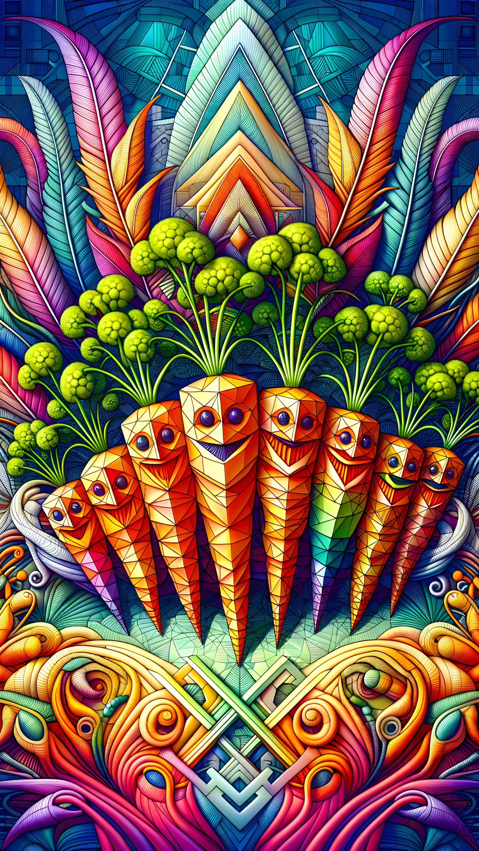 Vibrant Geometric Design of Stylized Carrots and Broccoli