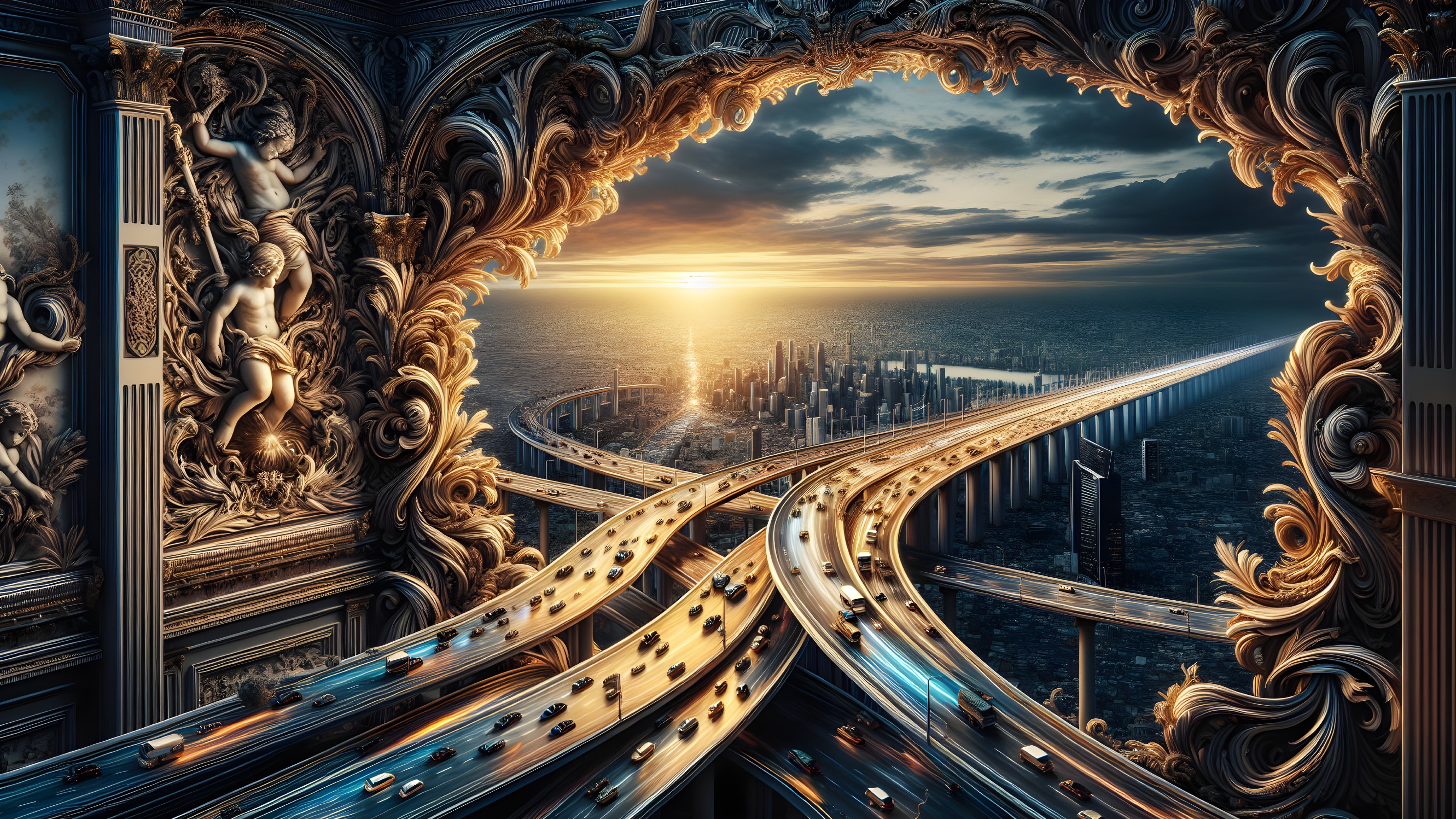 Futuristic Cityscape at Sunset in Ornate Frame