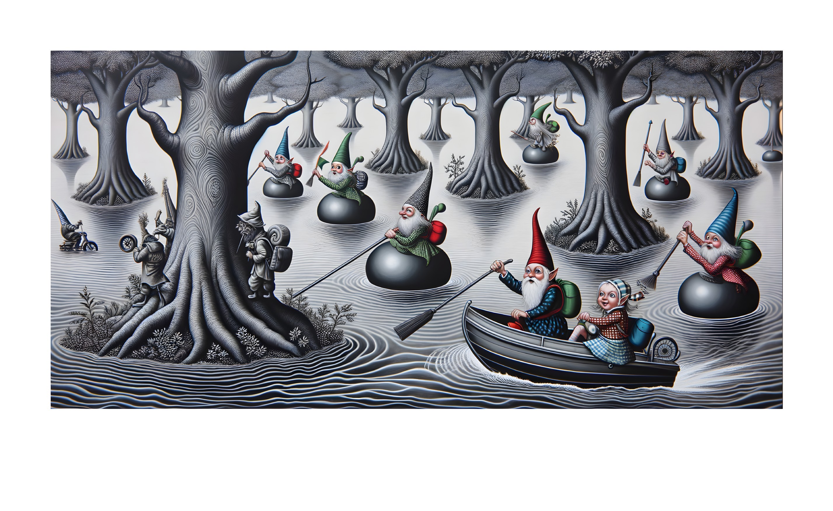 Whimsical Gnomes in a Surreal Tree Landscape