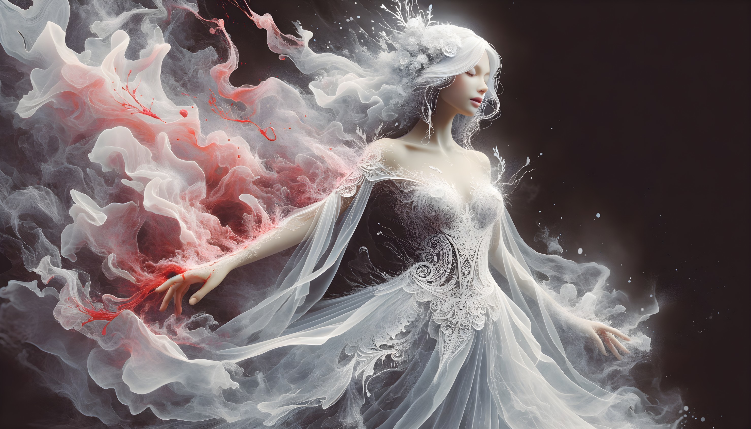 Mystical Figure in Ethereal Gown with Floral Elements
