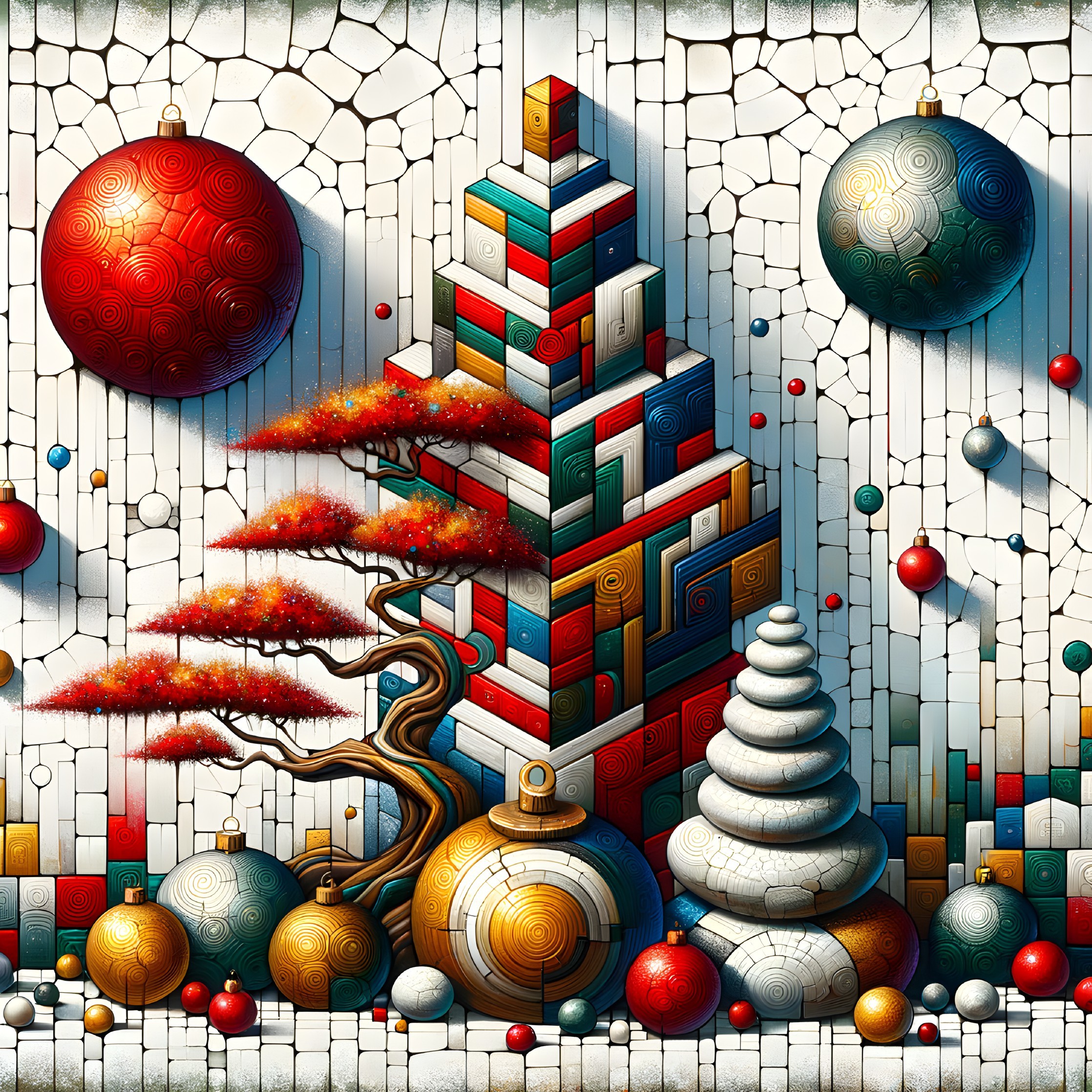 Colorful Abstract Mosaic with Christmas Trees and Ornaments