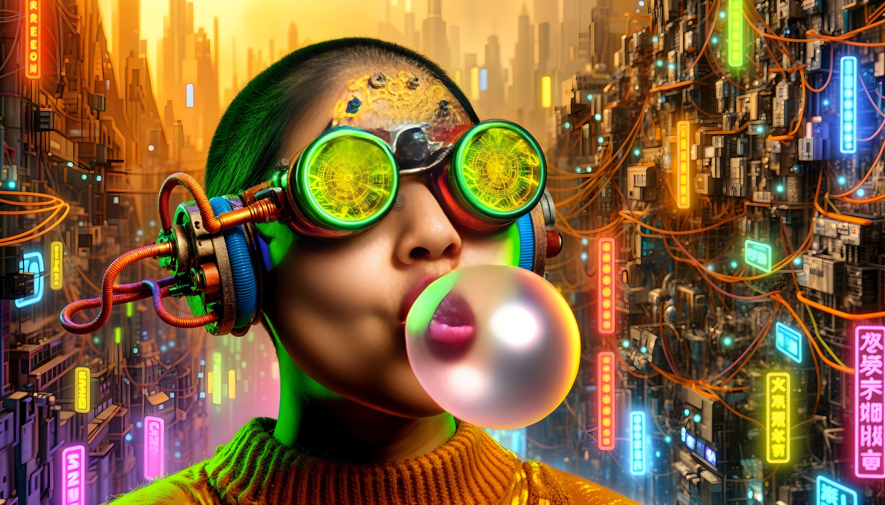 Futuristic Cyberpunk Scene with Neon-Lit Buildings