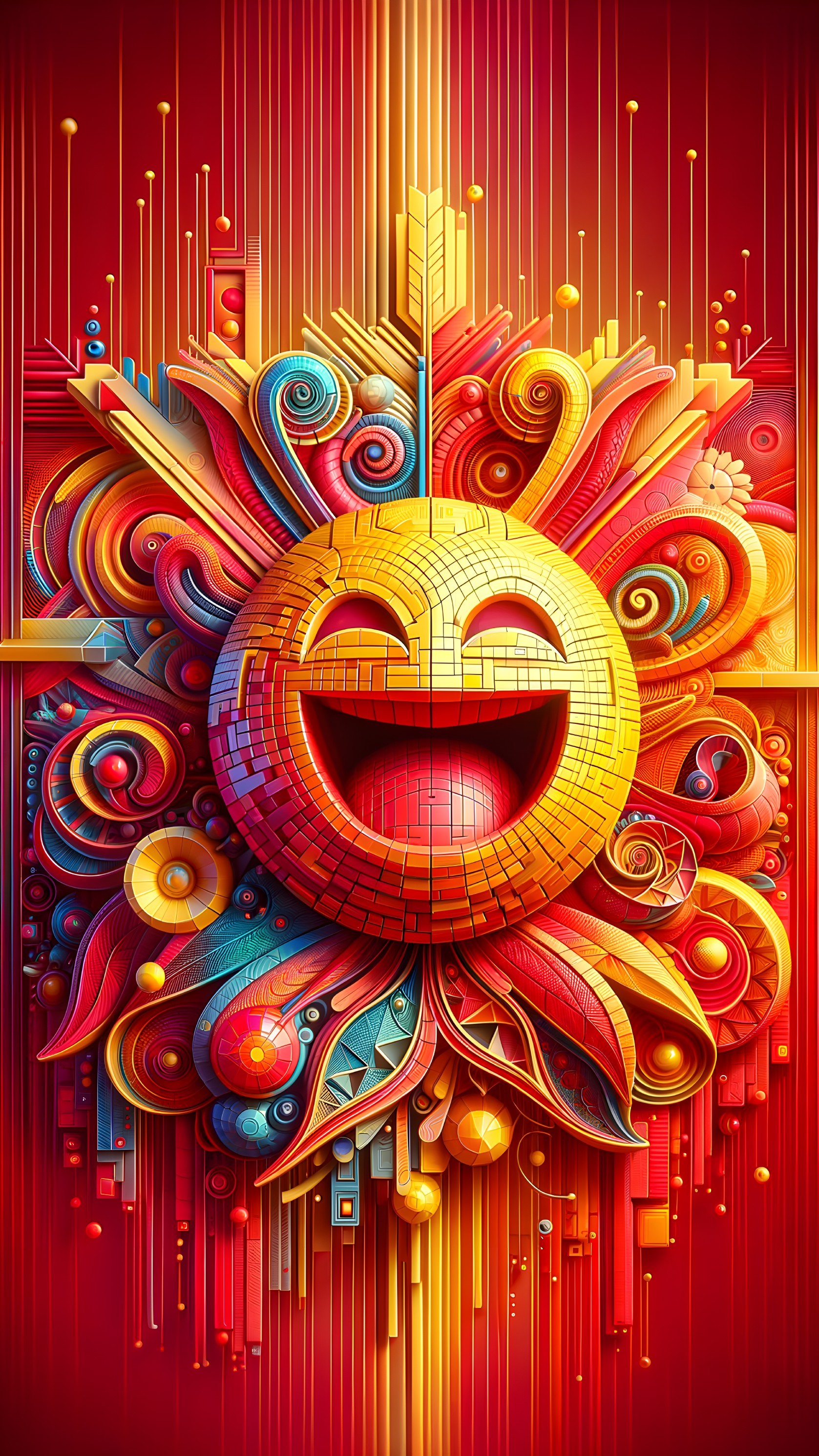 Vibrant Abstract Composition with Smiling Face and Patterns