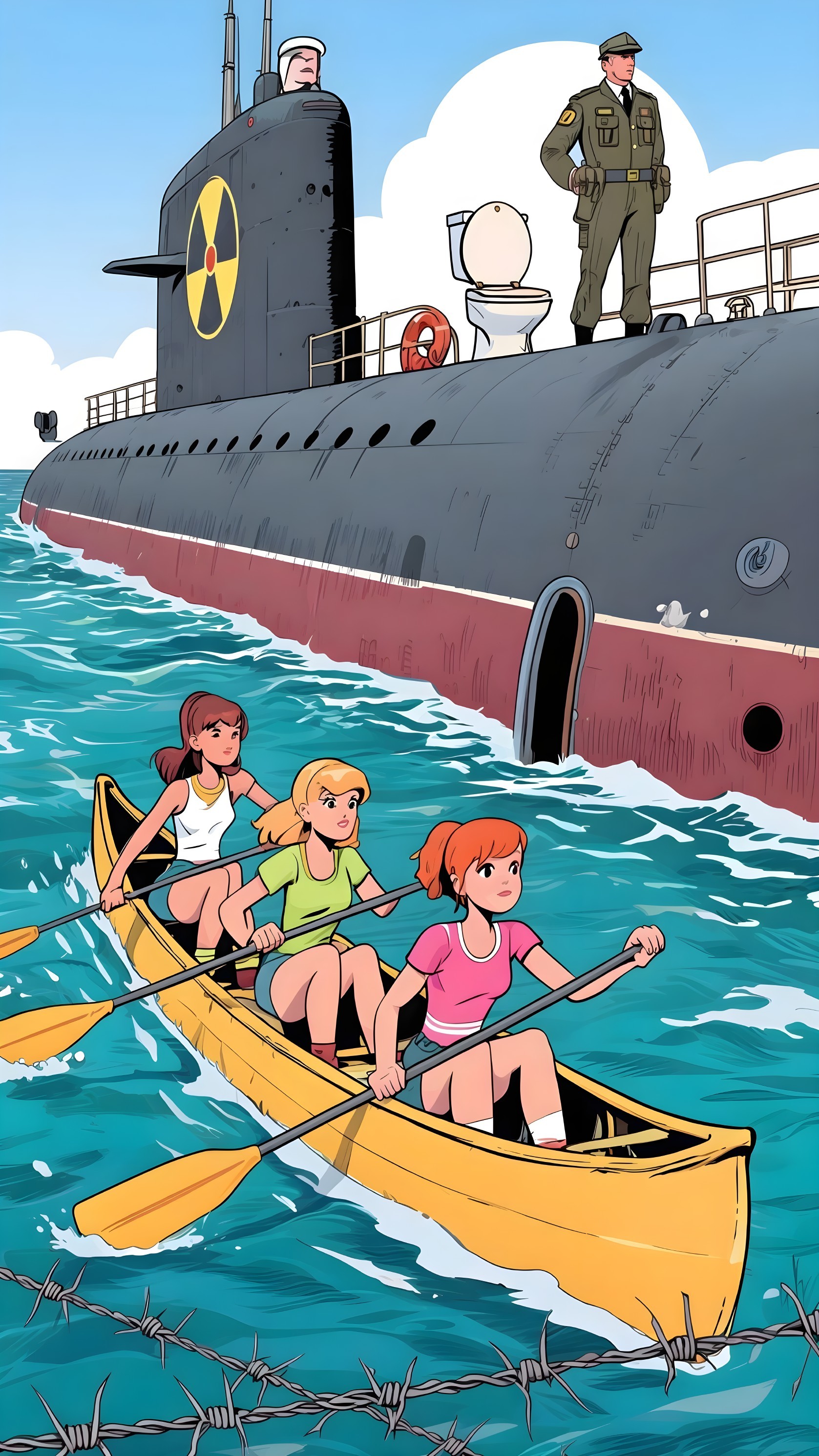 Young Women Canoeing Near Submarine in Blue Water