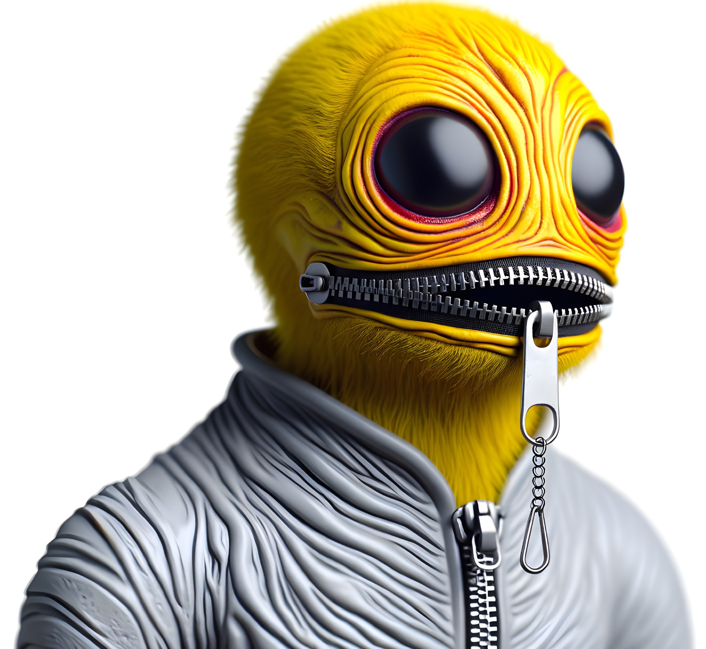 Quirky humanoid character with yellow head and zipper mouth
