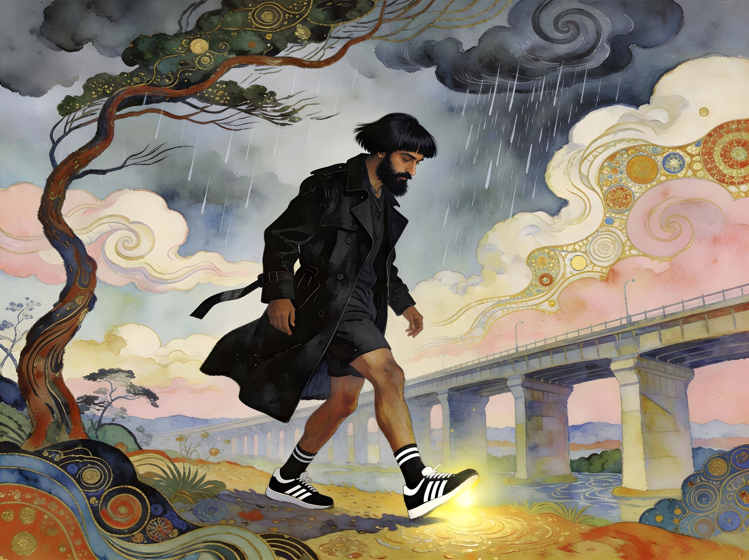 Man in Trench Coat Walking Under Rainy Sky