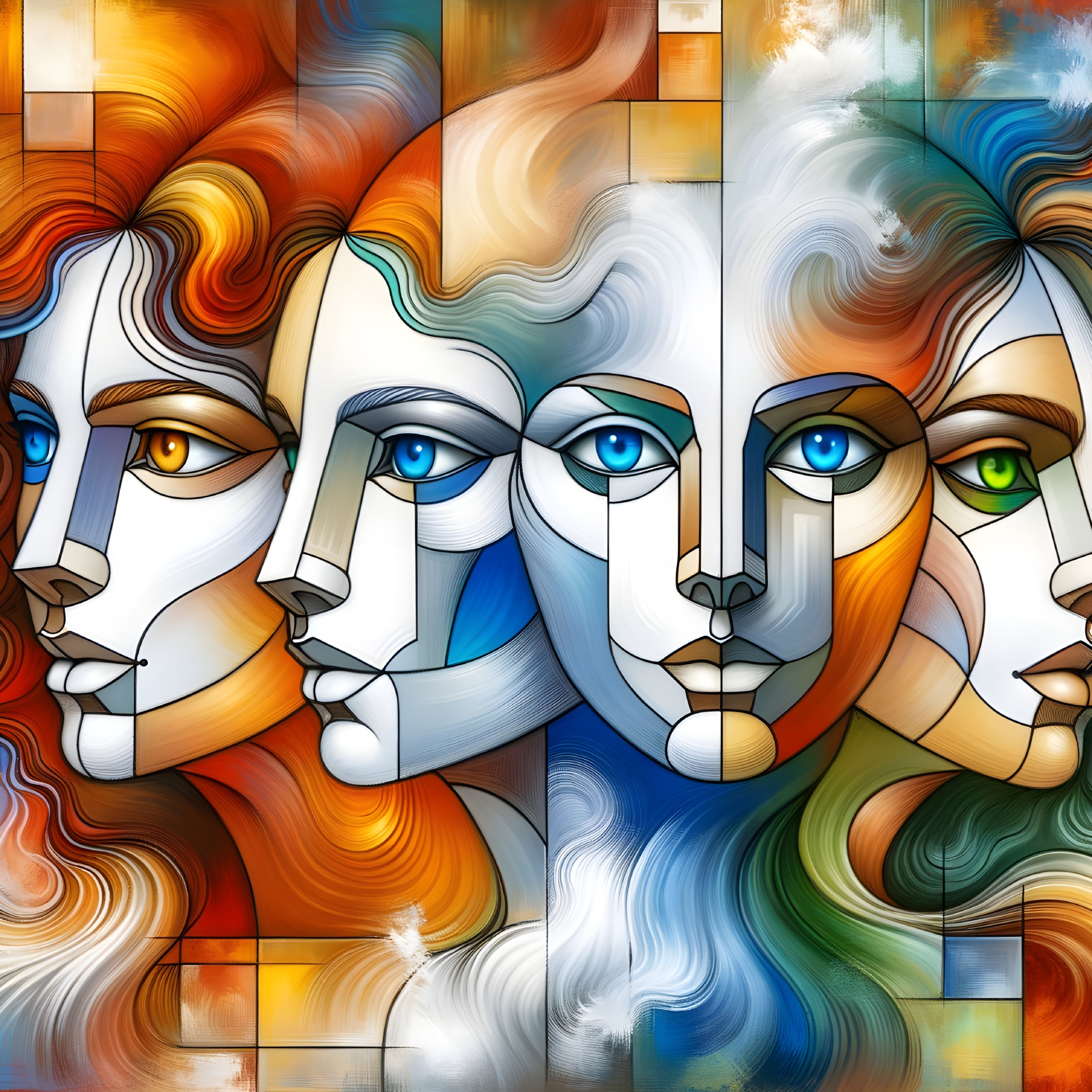 Vibrant Abstract Mural of Stylized Faces in Colorful Design