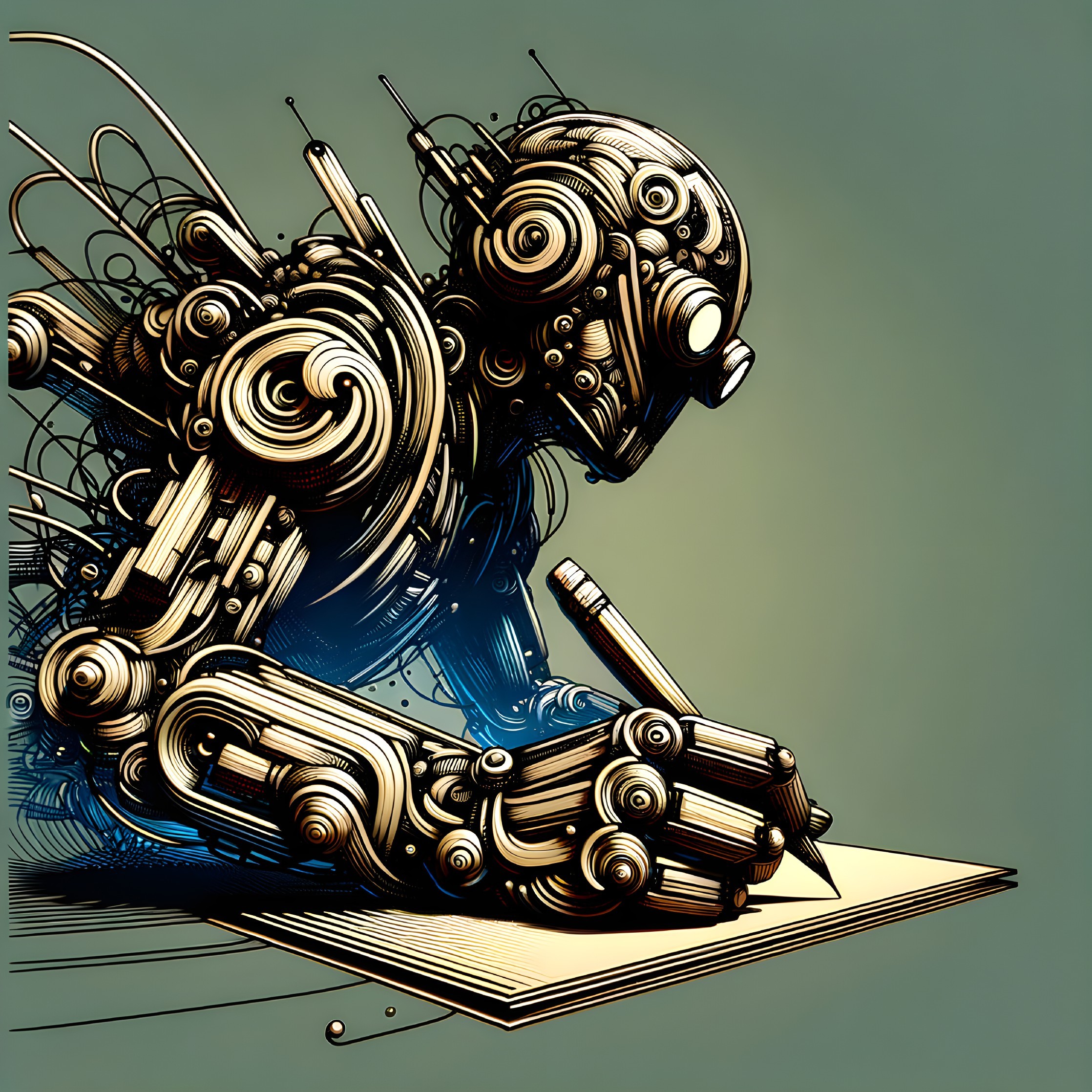 Stylized robotic figure writing on paper with intricate design