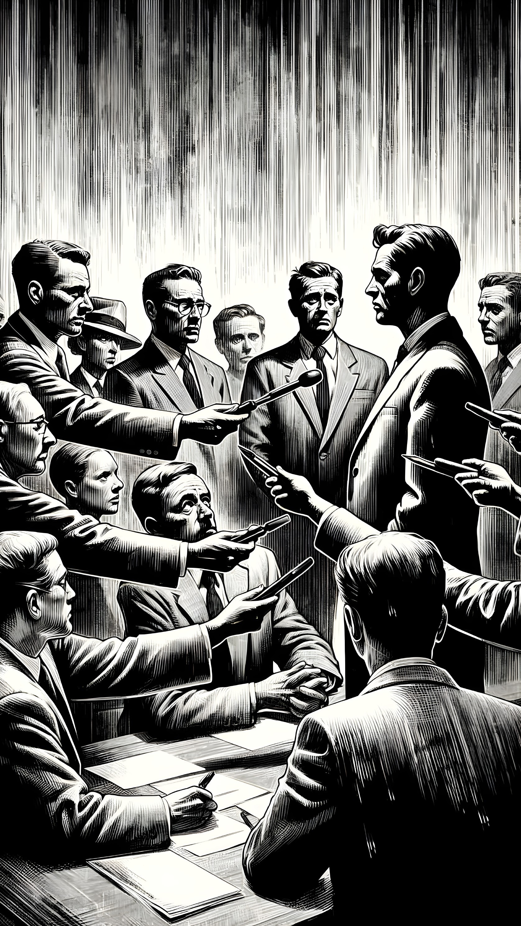 Dramatic Black-and-White Scene of Public Scrutiny