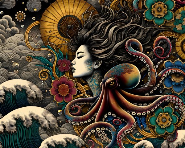 Serene Woman Surrounded by Flowers and Octopus Design