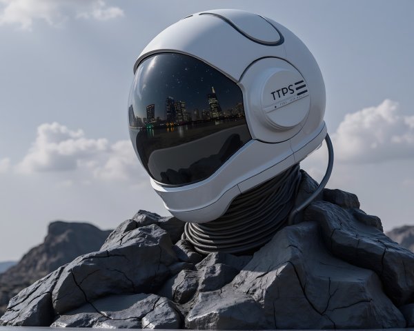 Futuristic Astronaut Helmet on Rugged Rock Formation