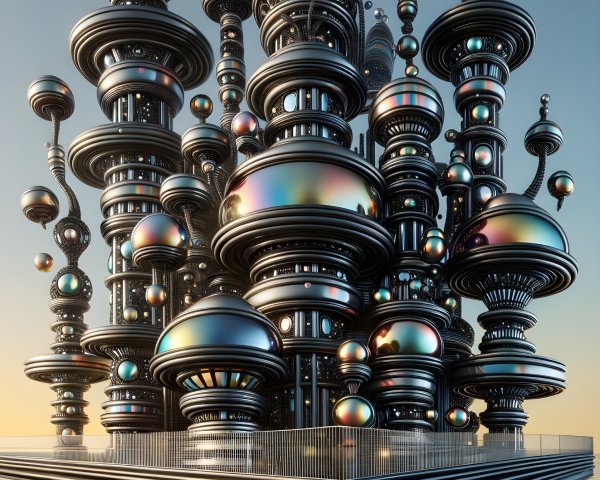 Futuristic cityscape with metallic orb structures