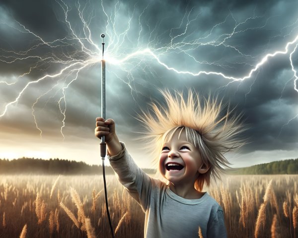 Child in golden field with lightning and dark clouds