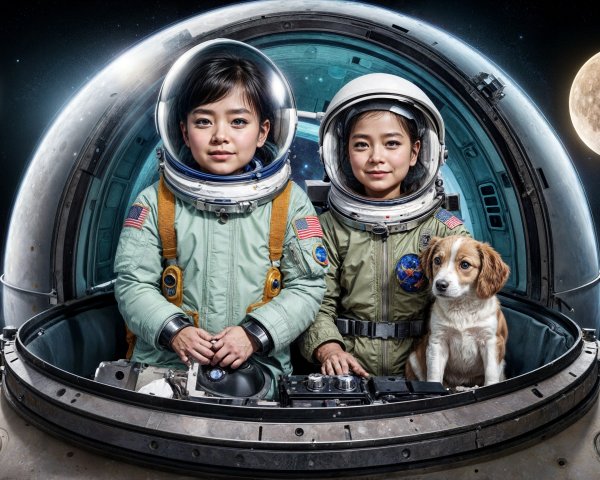Young Astronauts and Dog Inside Futuristic Spacecraft