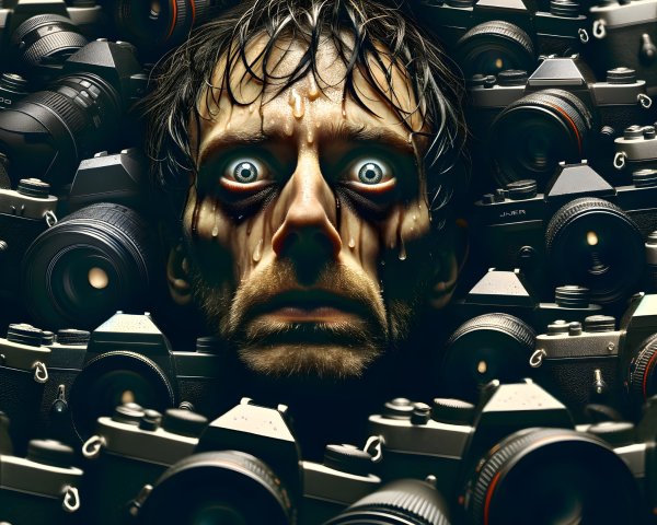 Man's Face Surrounded by Vintage Film Cameras