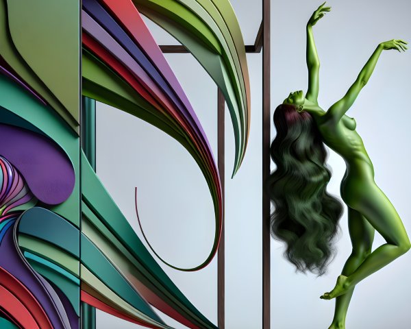 Stylized Green Figure Dancing with Abstract Colors