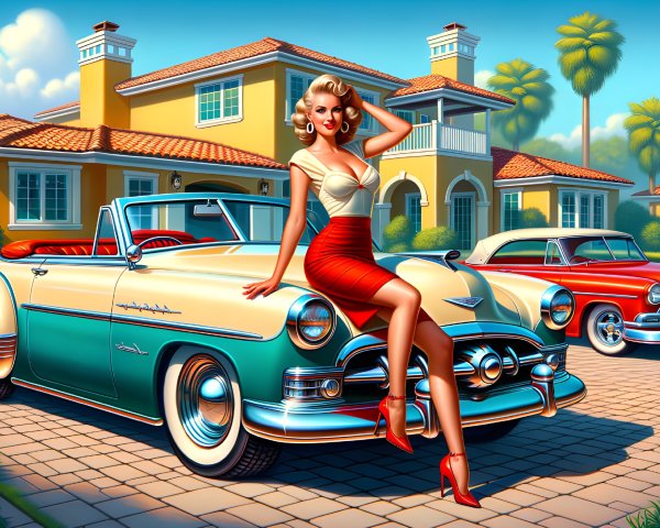 1950s Glamorous Woman by Classic Convertible in Suburbia