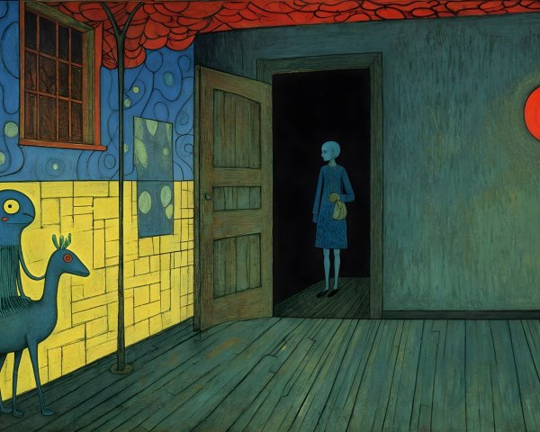 Eerie Room with Blue Figure and Surreal Elements